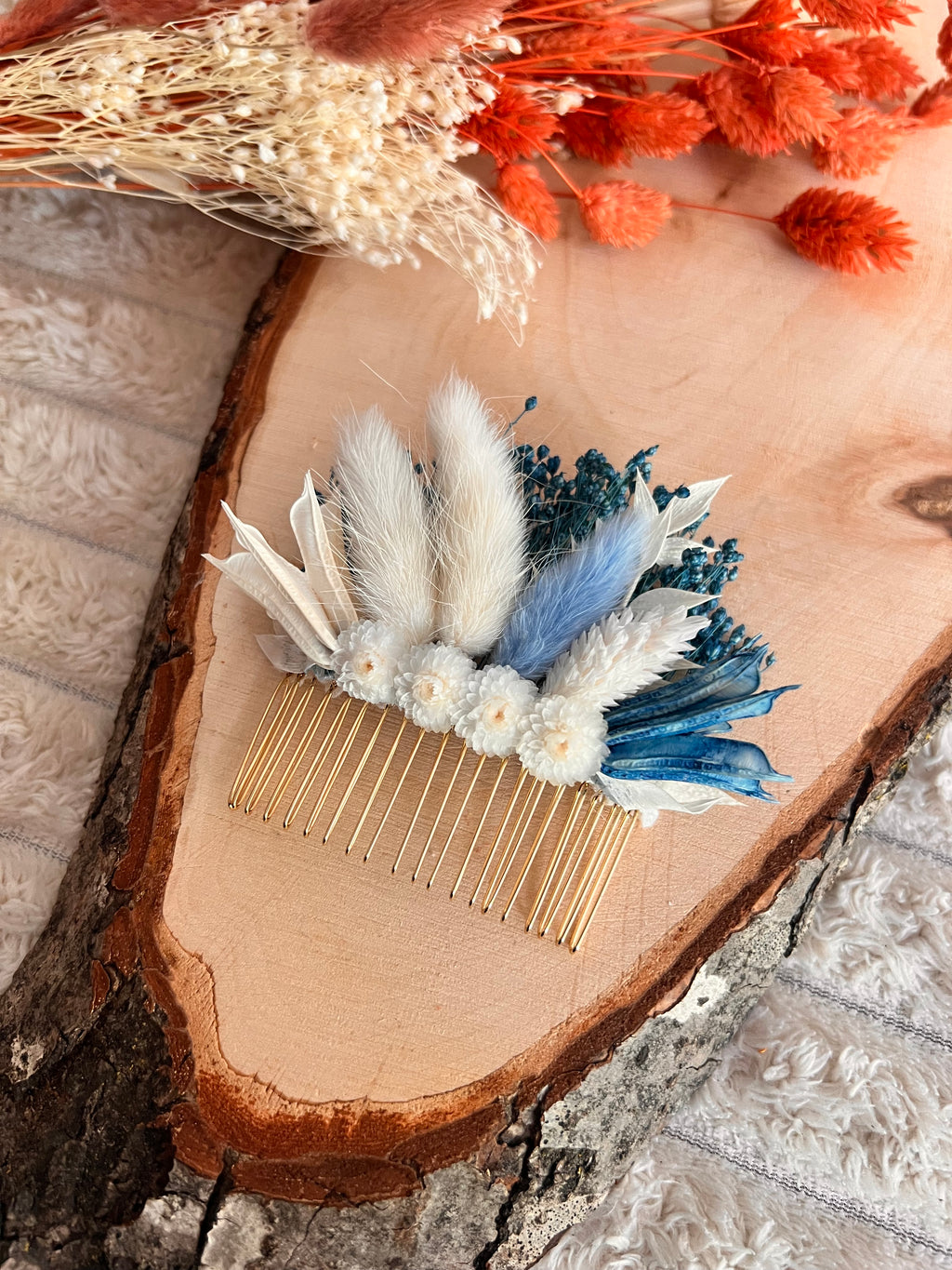 Peigne de Cérémonie en Fleurs Séchées | Bleu et Blanc | Femme