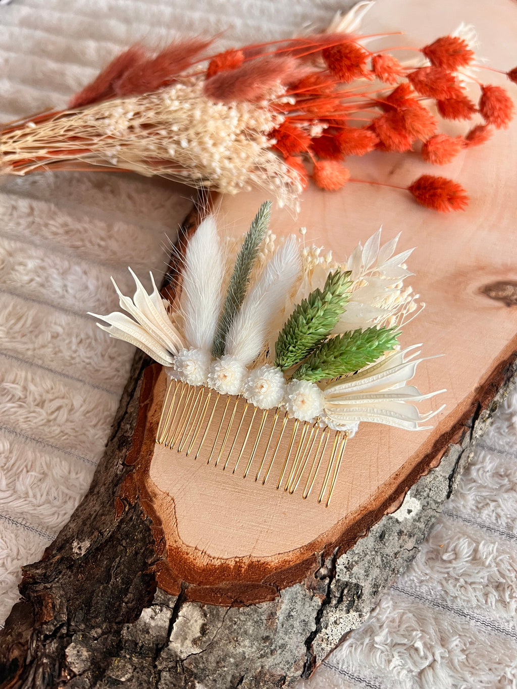 Peigne de Cérémonie en Fleurs Séchées | Blanc et Vert Sauge | Femme