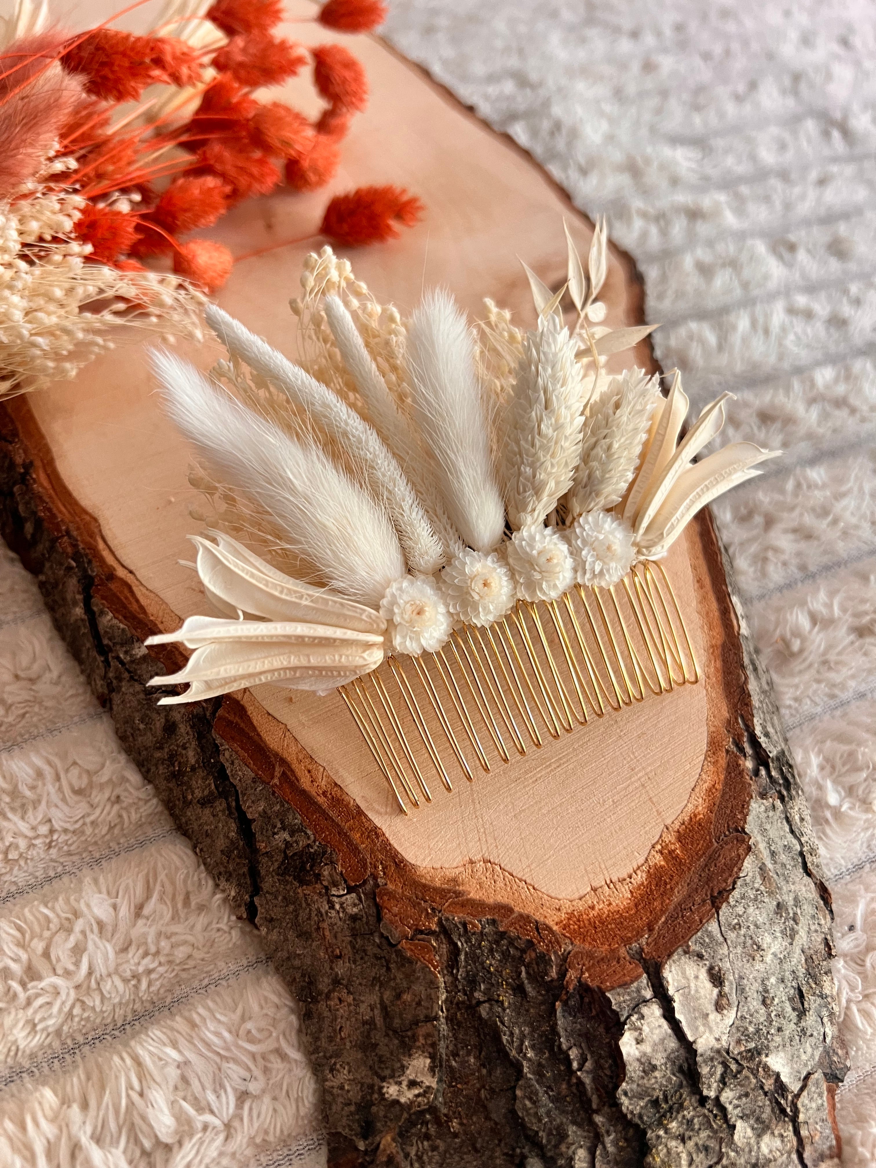 Peigne de Cérémonie en Fleurs Séchées | Blanc Ivoire | Femme