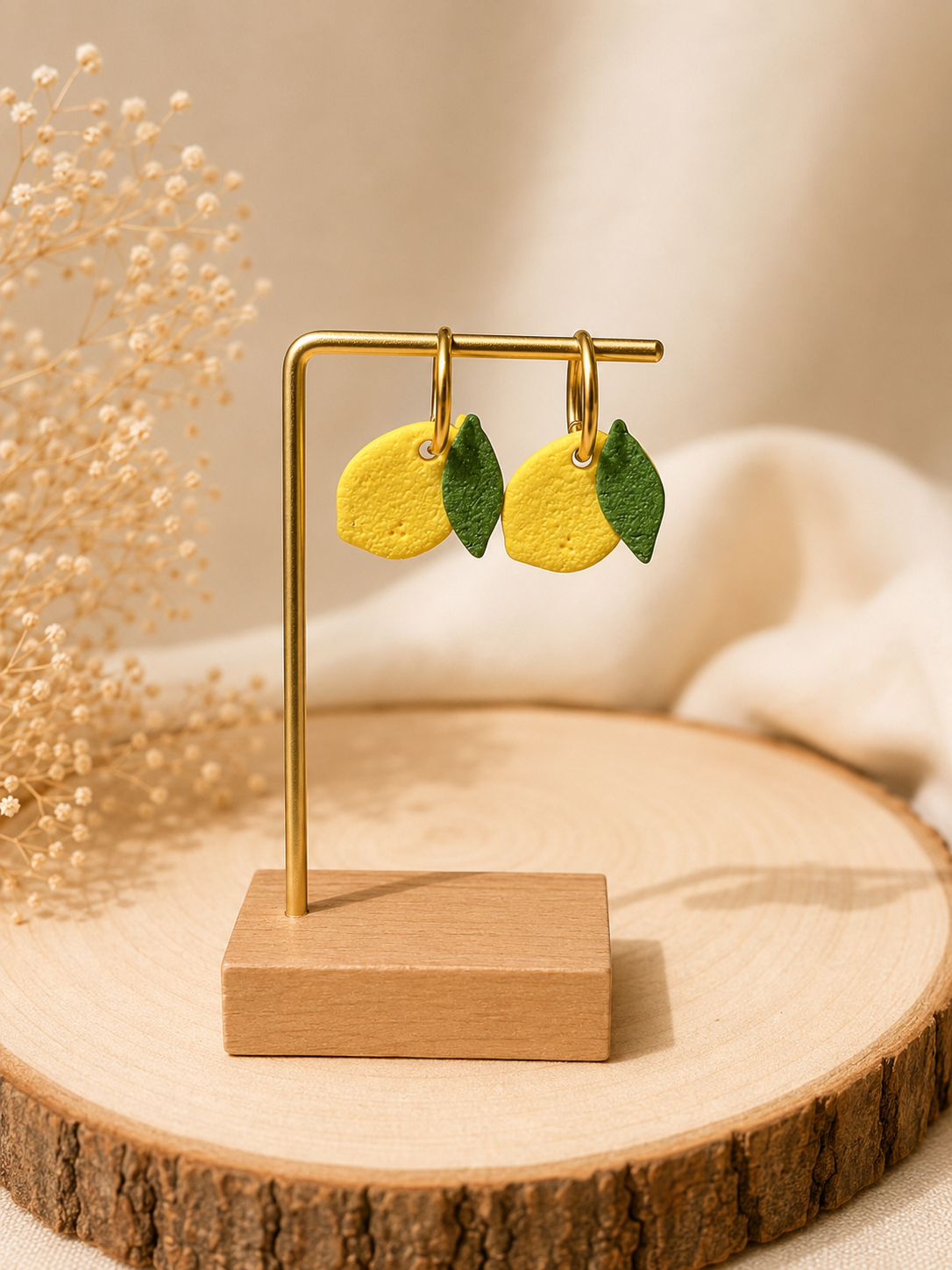 Créoles Citrus – Boucles d’oreilles artisanales en pâte polymère | Jaune citron & vert feuillage