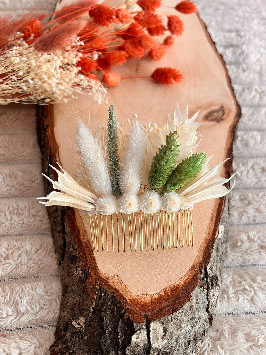 Peigne de Cérémonie en Fleurs Séchées | Blanc et Vert Sauge | Femme