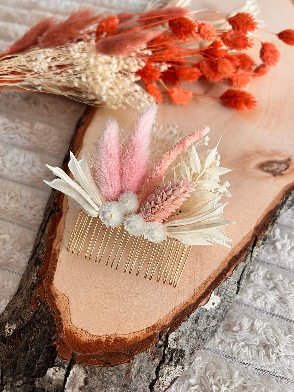 Peigne de Cérémonie en Fleurs Séchées | Rose Poudré et Blanc Ivoire | Femme