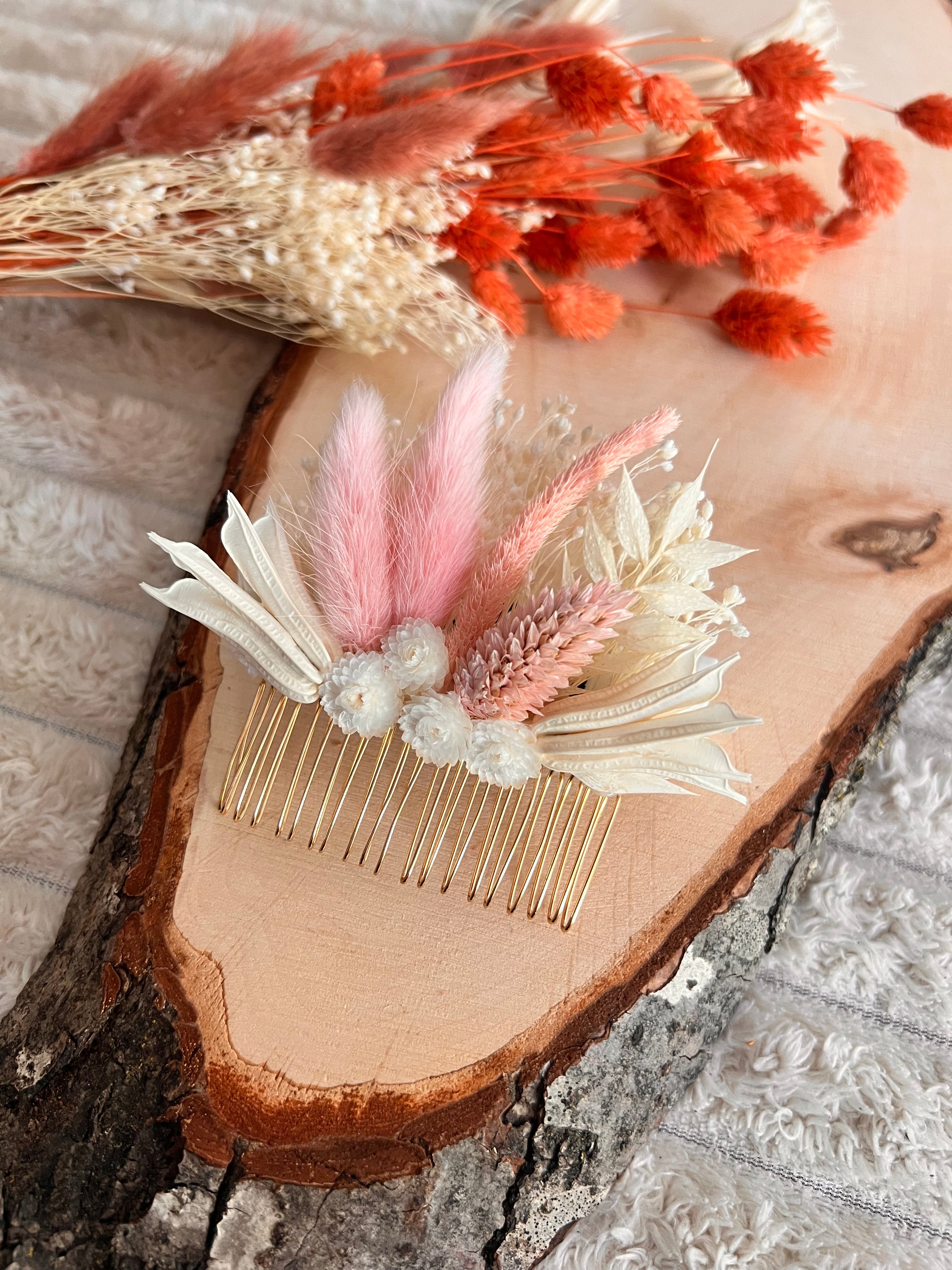 Peigne de Cérémonie en Fleurs Séchées | Rose Poudré et Blanc Ivoire | Femme
