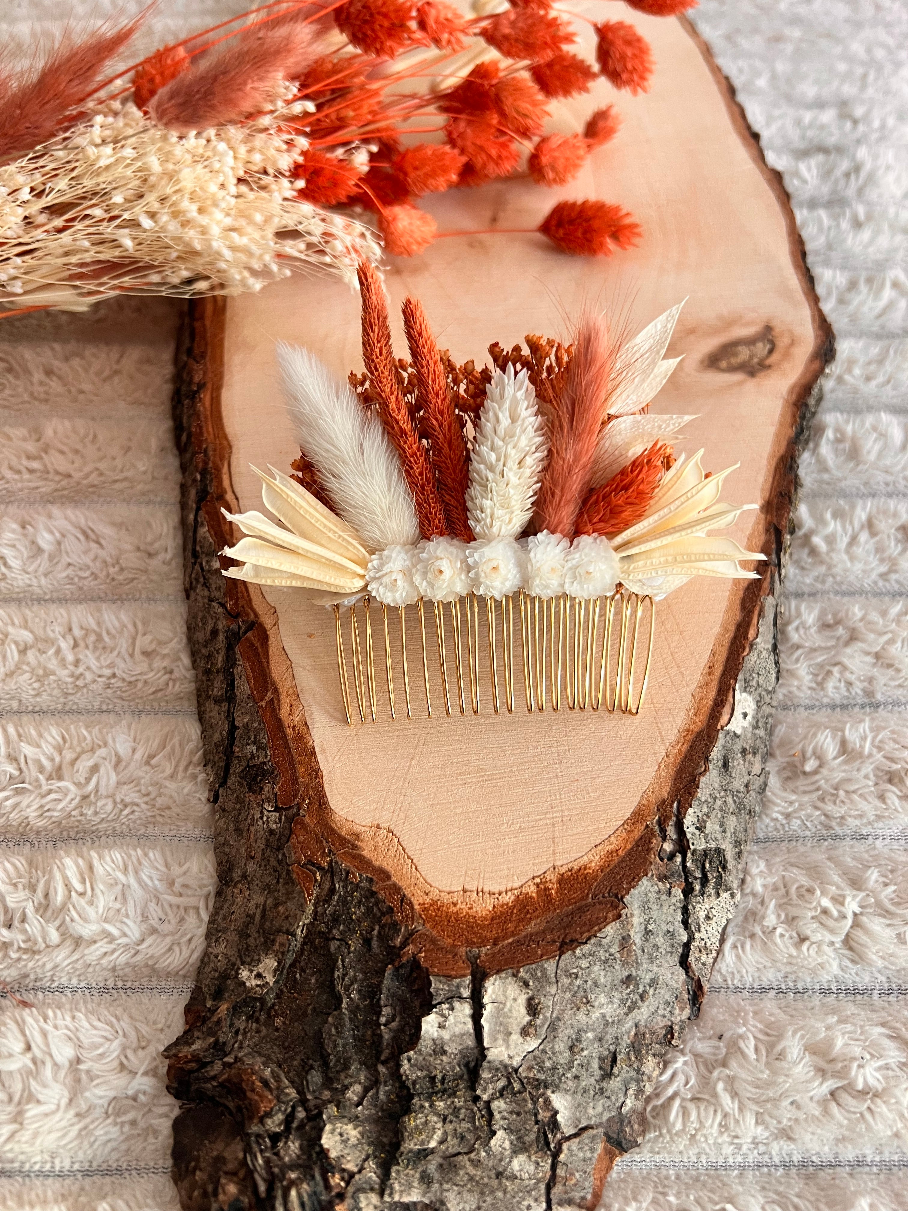 Peigne de cérémonie en Fleurs séchées | Terracotta, Orange et Blanc | Femme