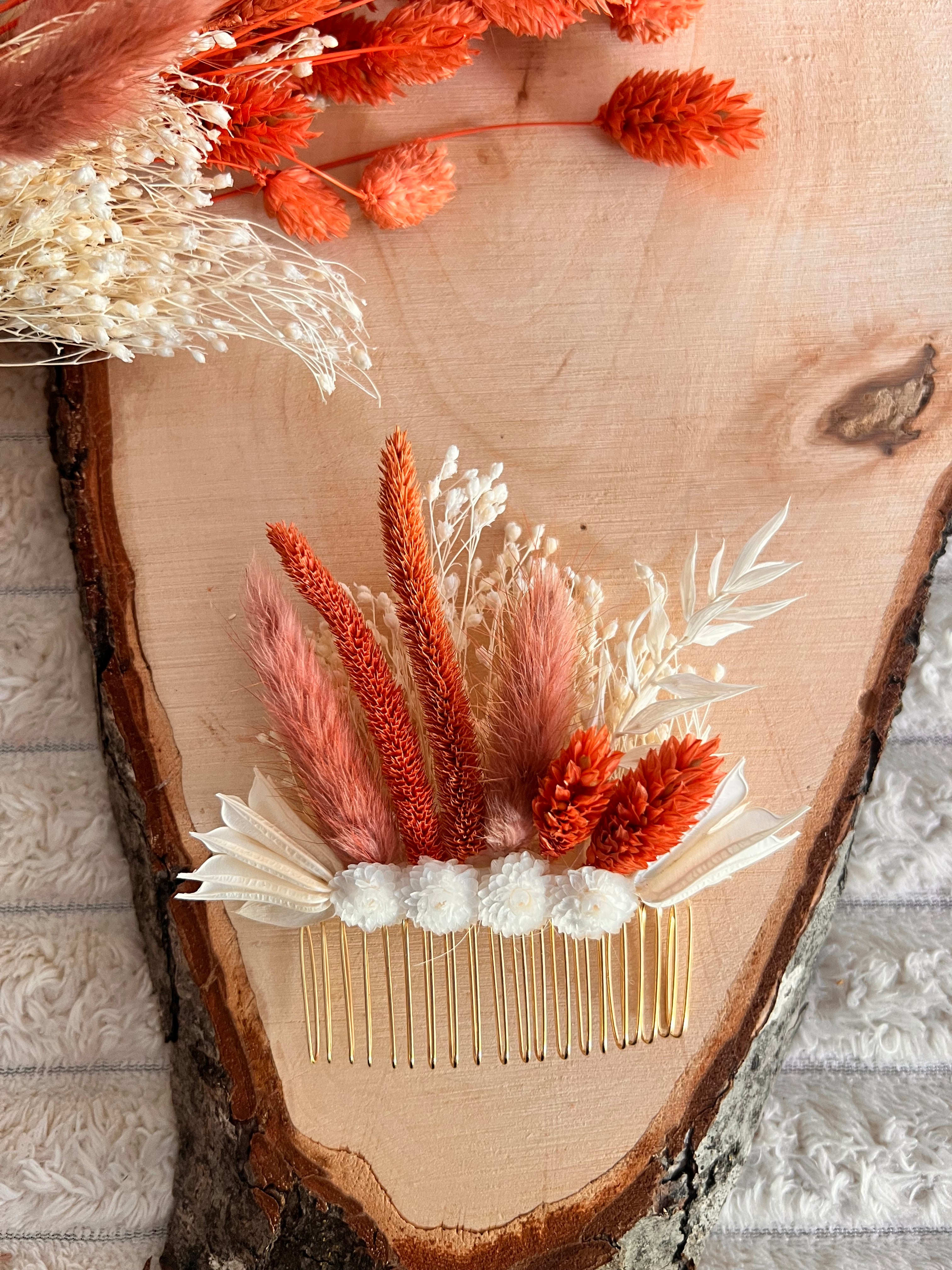 Peigne de Cérémonie en Fleurs Séchées | Terracotta et Blanc | Femme