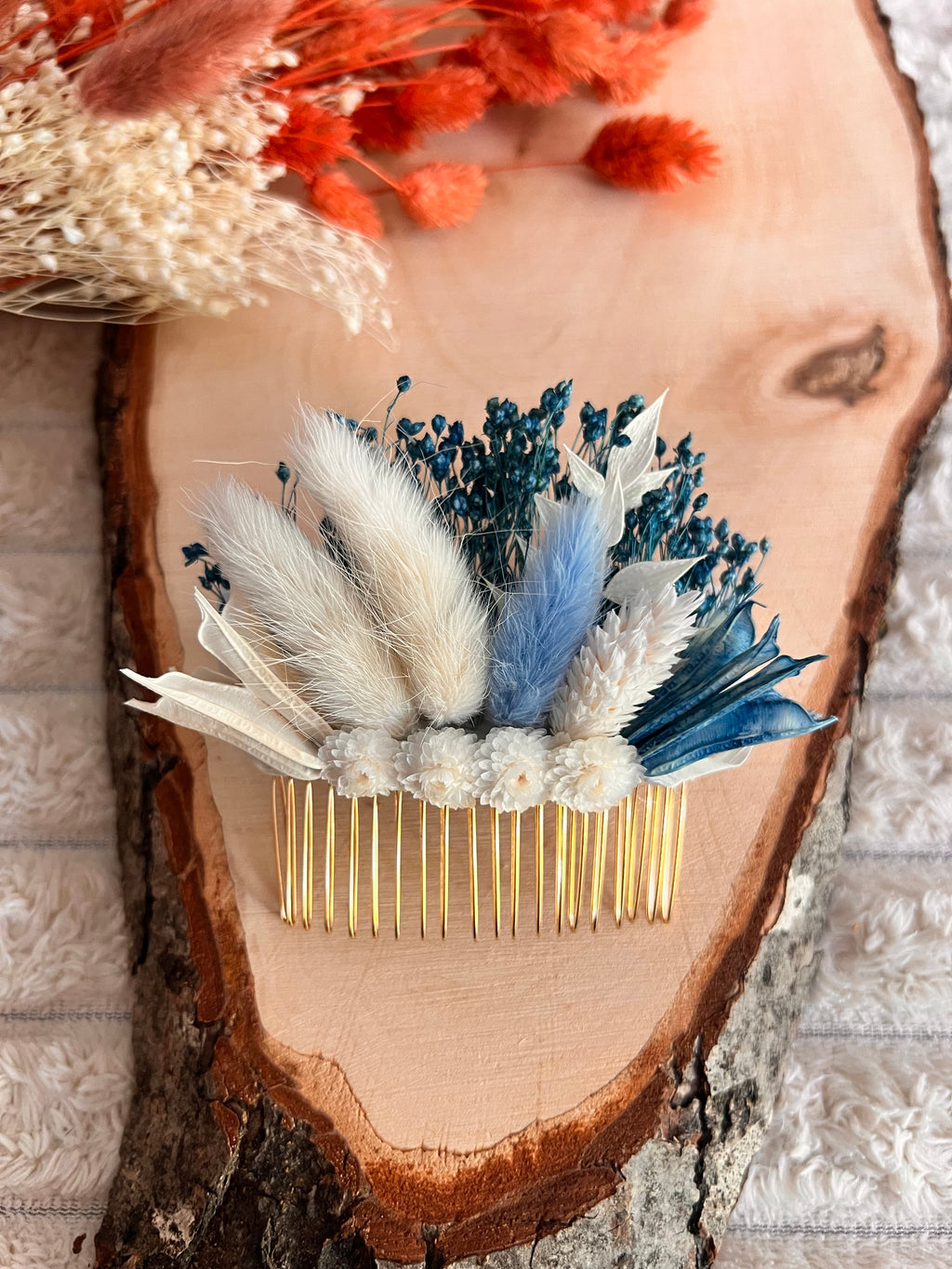 Peigne de Cérémonie en Fleurs Séchées | Bleu et Blanc | Femme