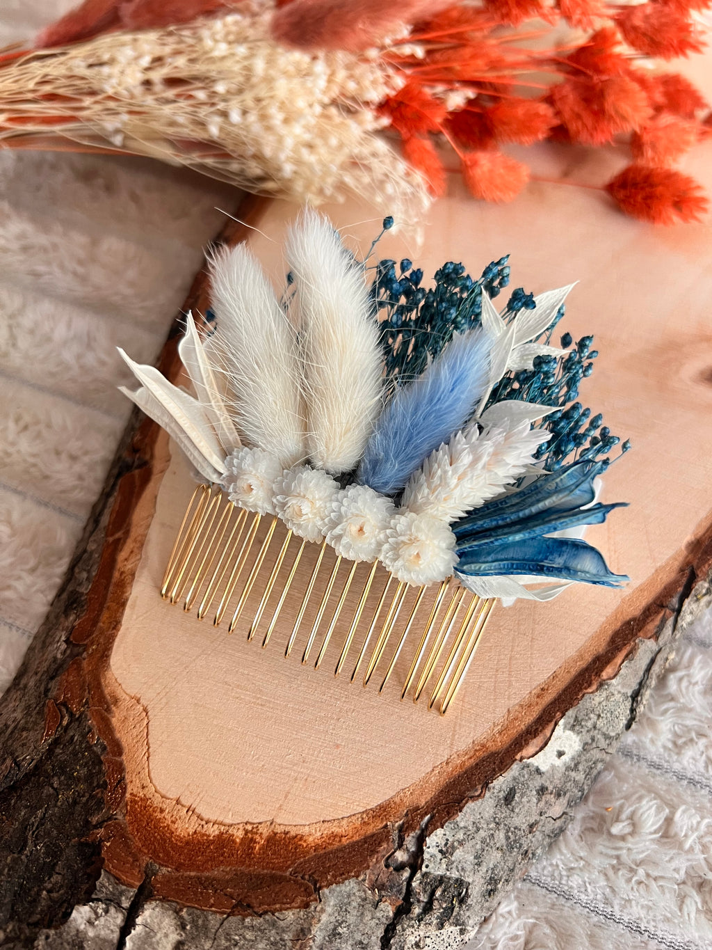 Peigne de Cérémonie en Fleurs Séchées | Bleu et Blanc | Femme