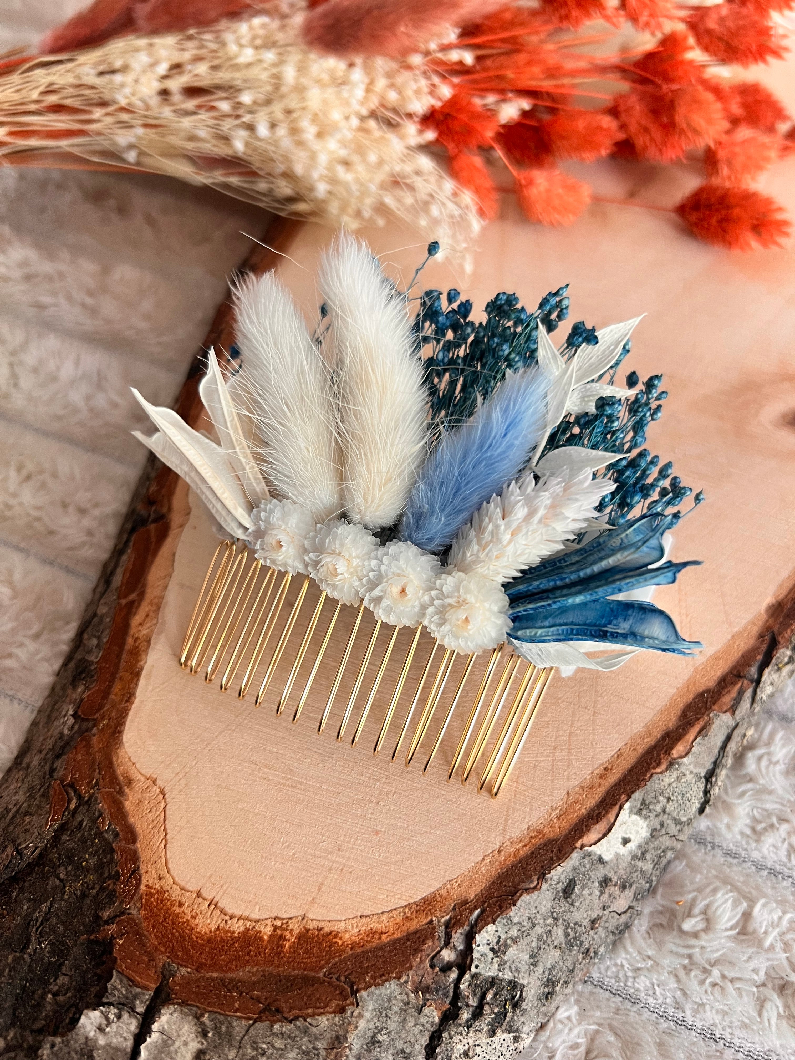 Peigne de Cérémonie en Fleurs Séchées | Bleu et Blanc | Femme