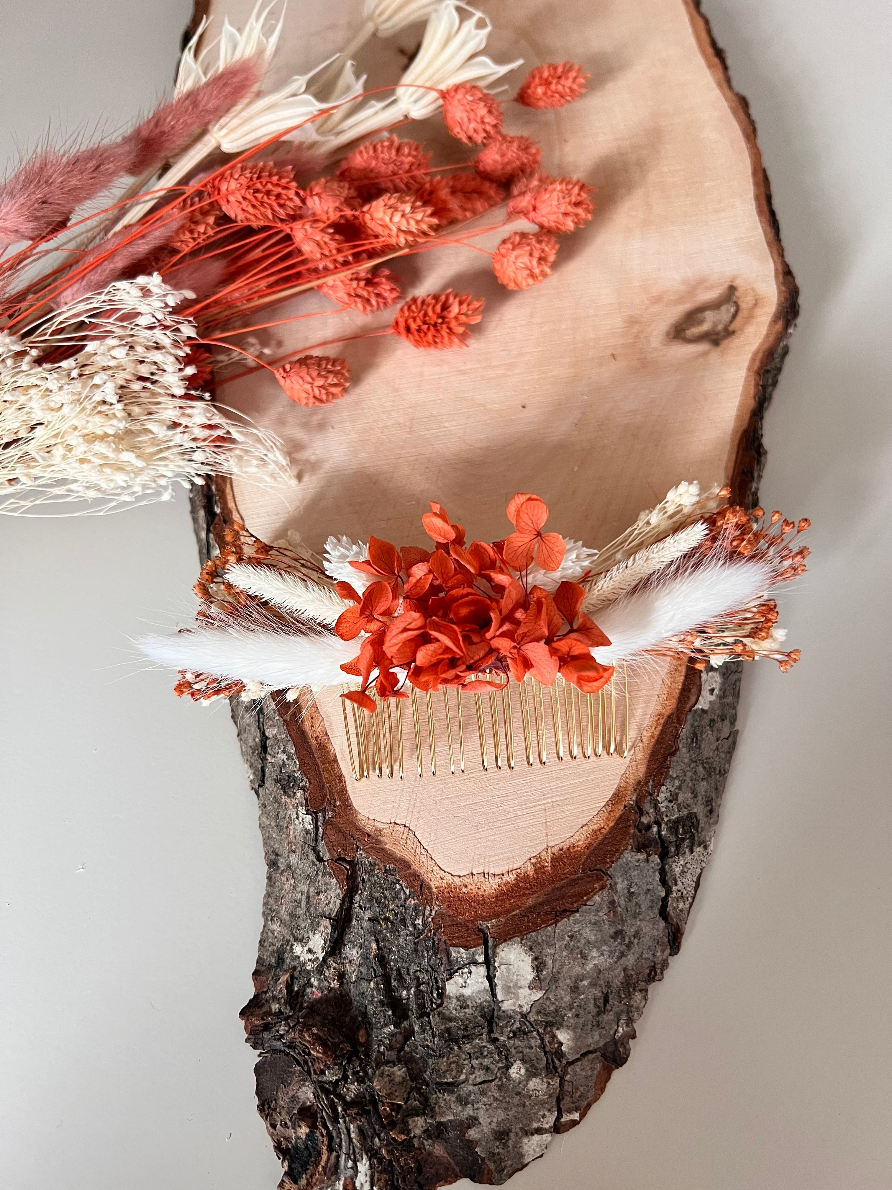 🌸 Peigne de cérémonie Fleurs séchées – Terracotta et blanc 🌸