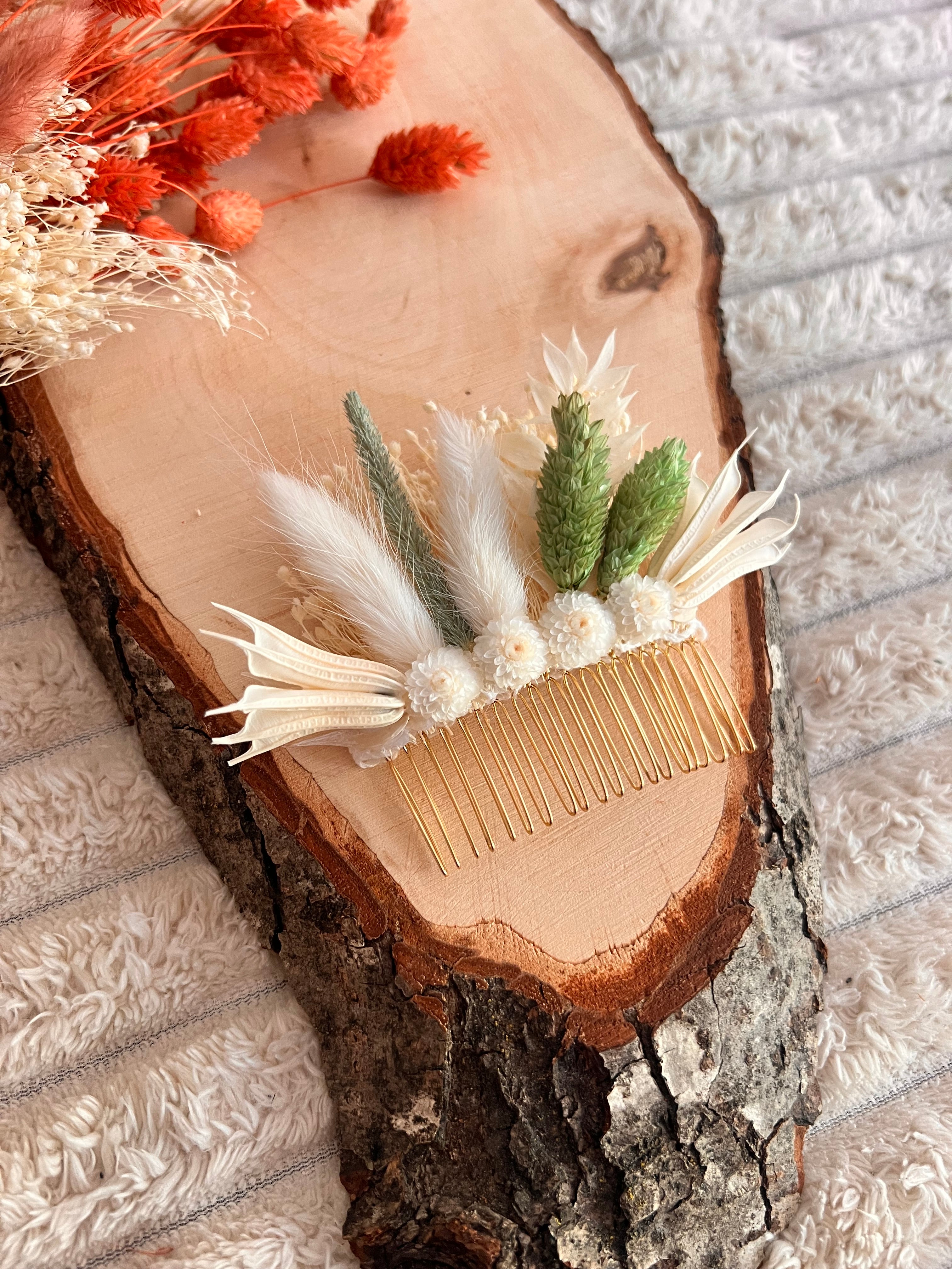 Peigne de Cérémonie en Fleurs Séchées | Blanc et Vert Sauge | Femme