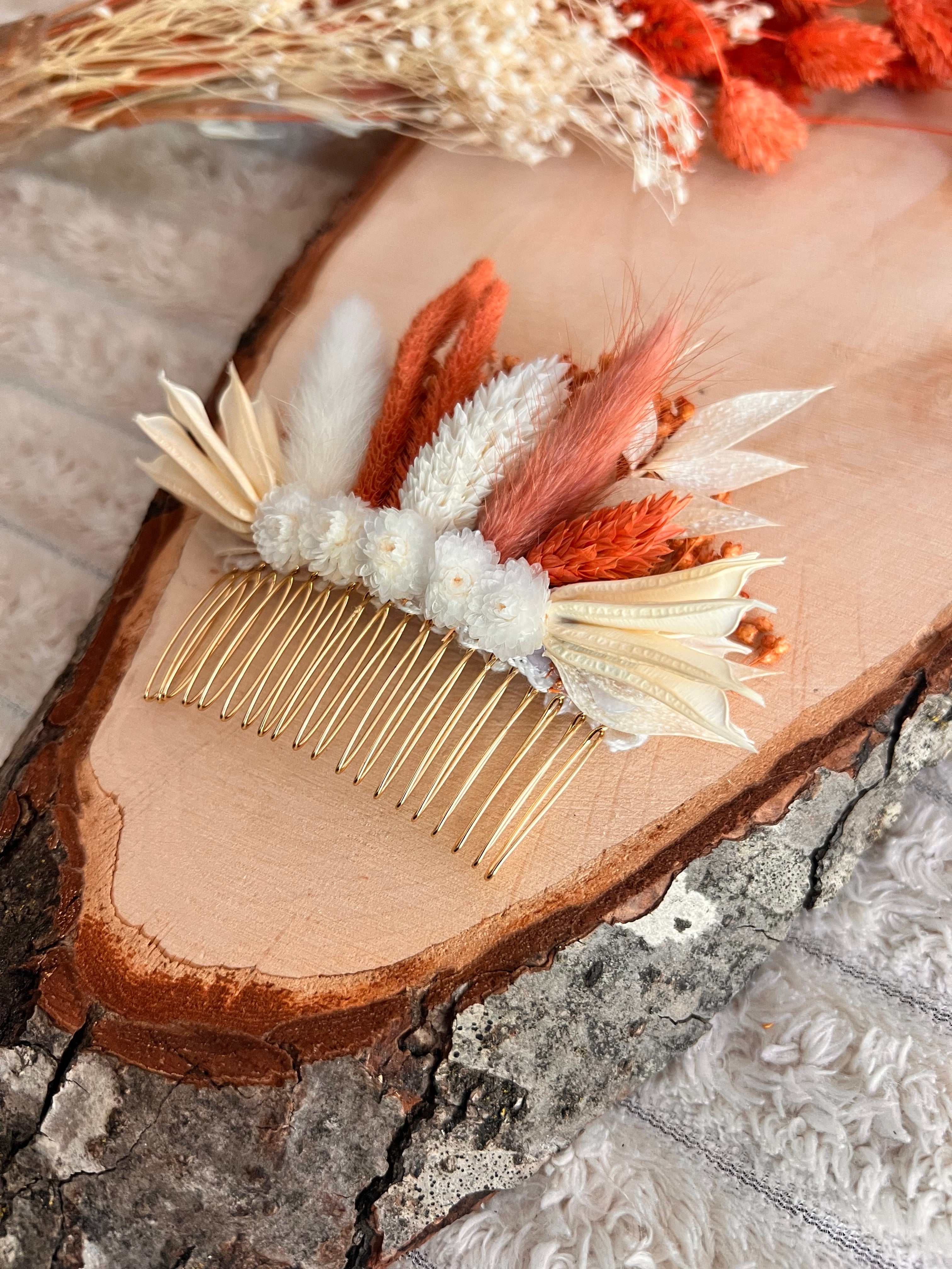 Peigne de cérémonie en Fleurs séchées | Terracotta, Orange et Blanc | Femme