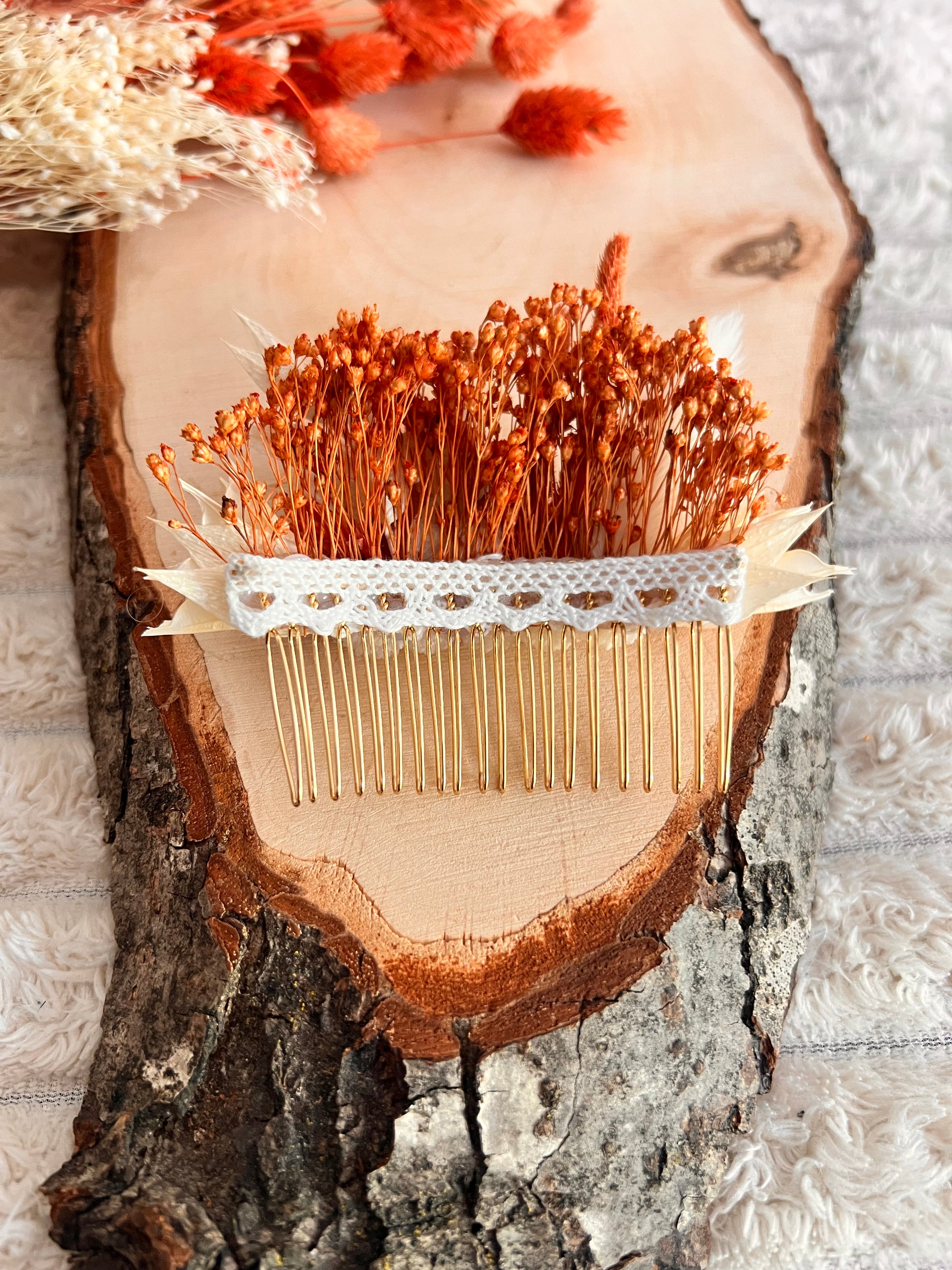 Peigne de cérémonie en Fleurs séchées | Terracotta, Orange et Blanc | Femme