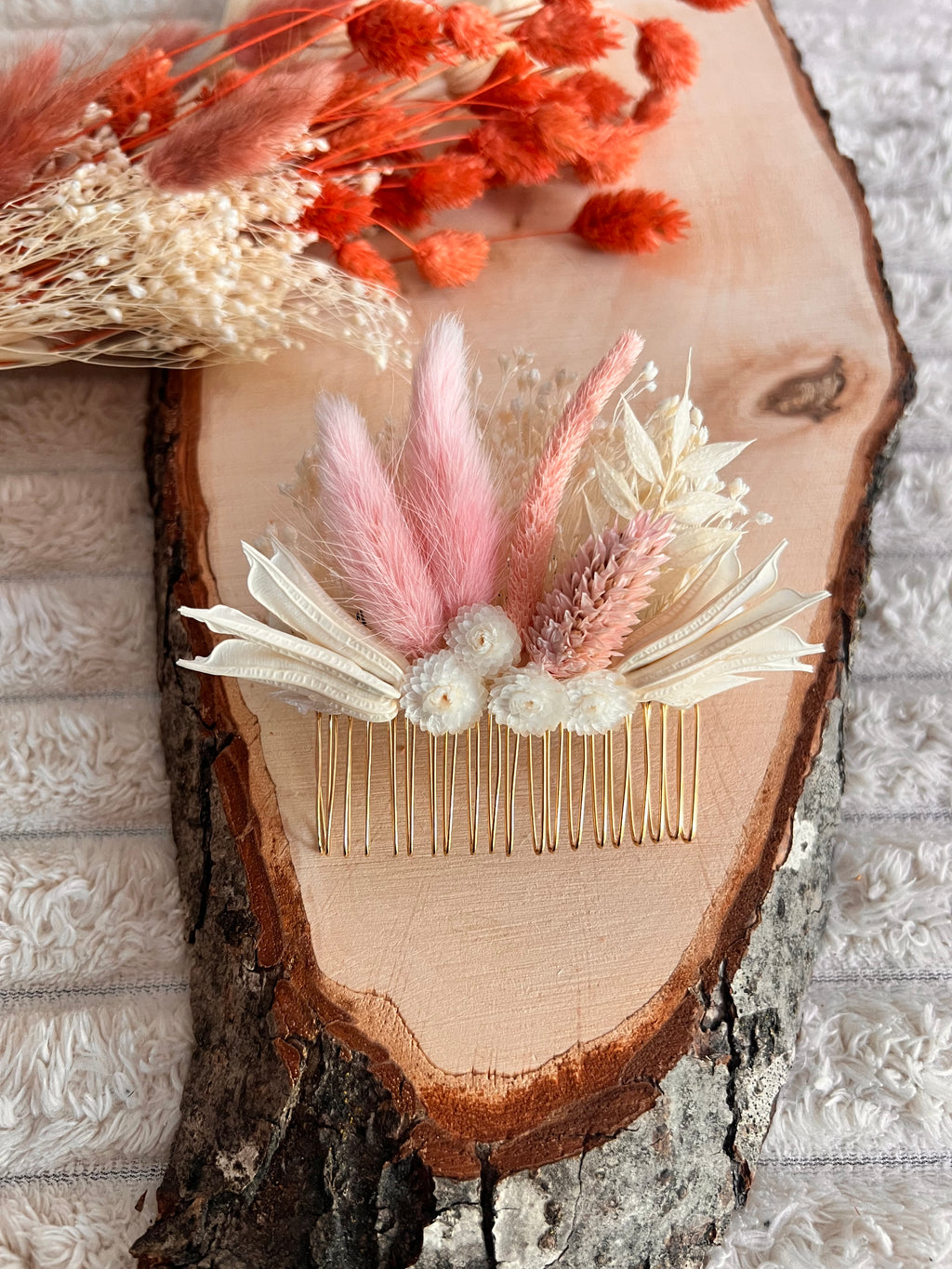 Peigne de Cérémonie en Fleurs Séchées | Rose Poudré et Blanc Ivoire | Femme
