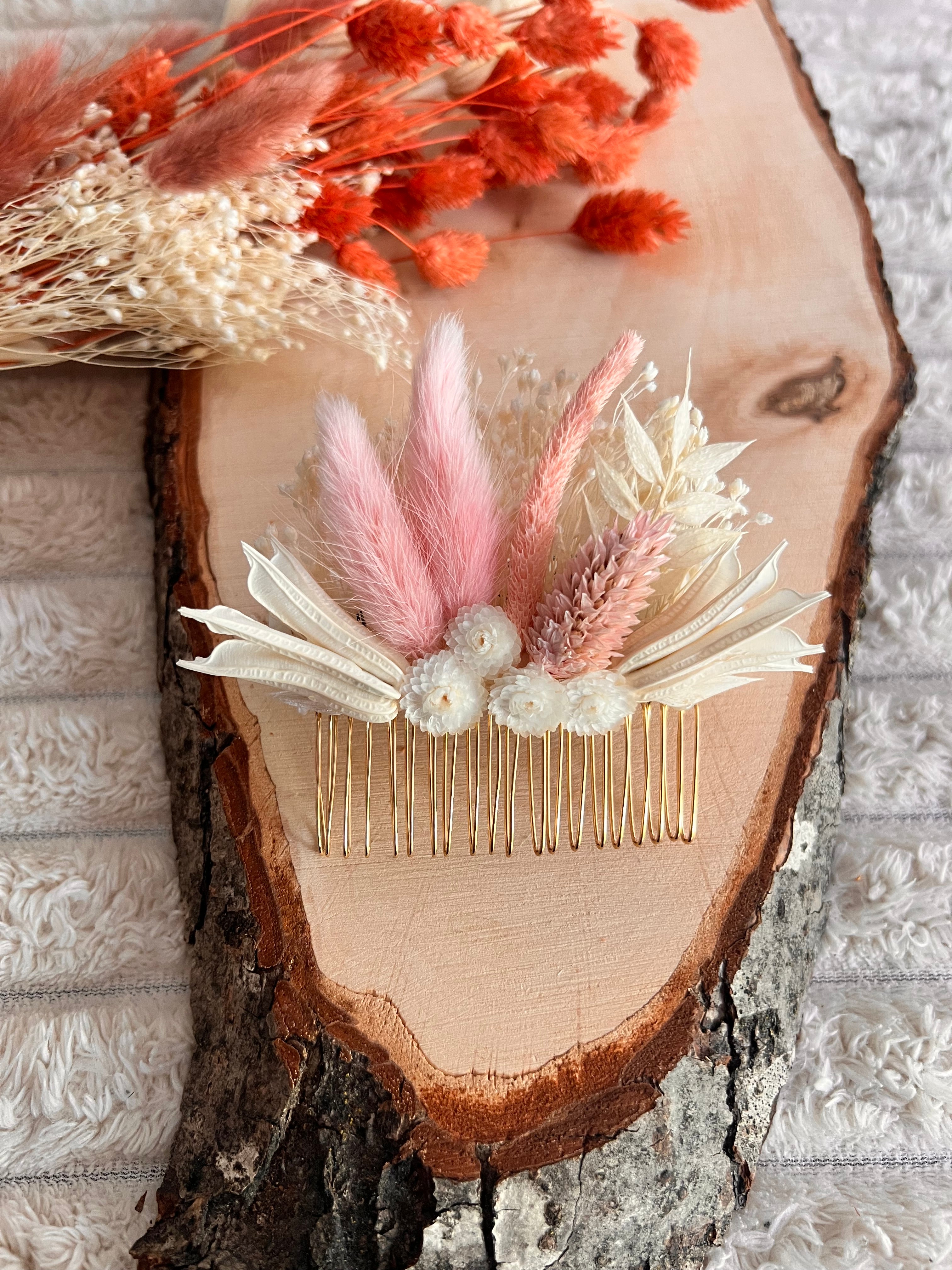Peigne de Cérémonie en Fleurs Séchées | Rose Poudré et Blanc Ivoire | Femme