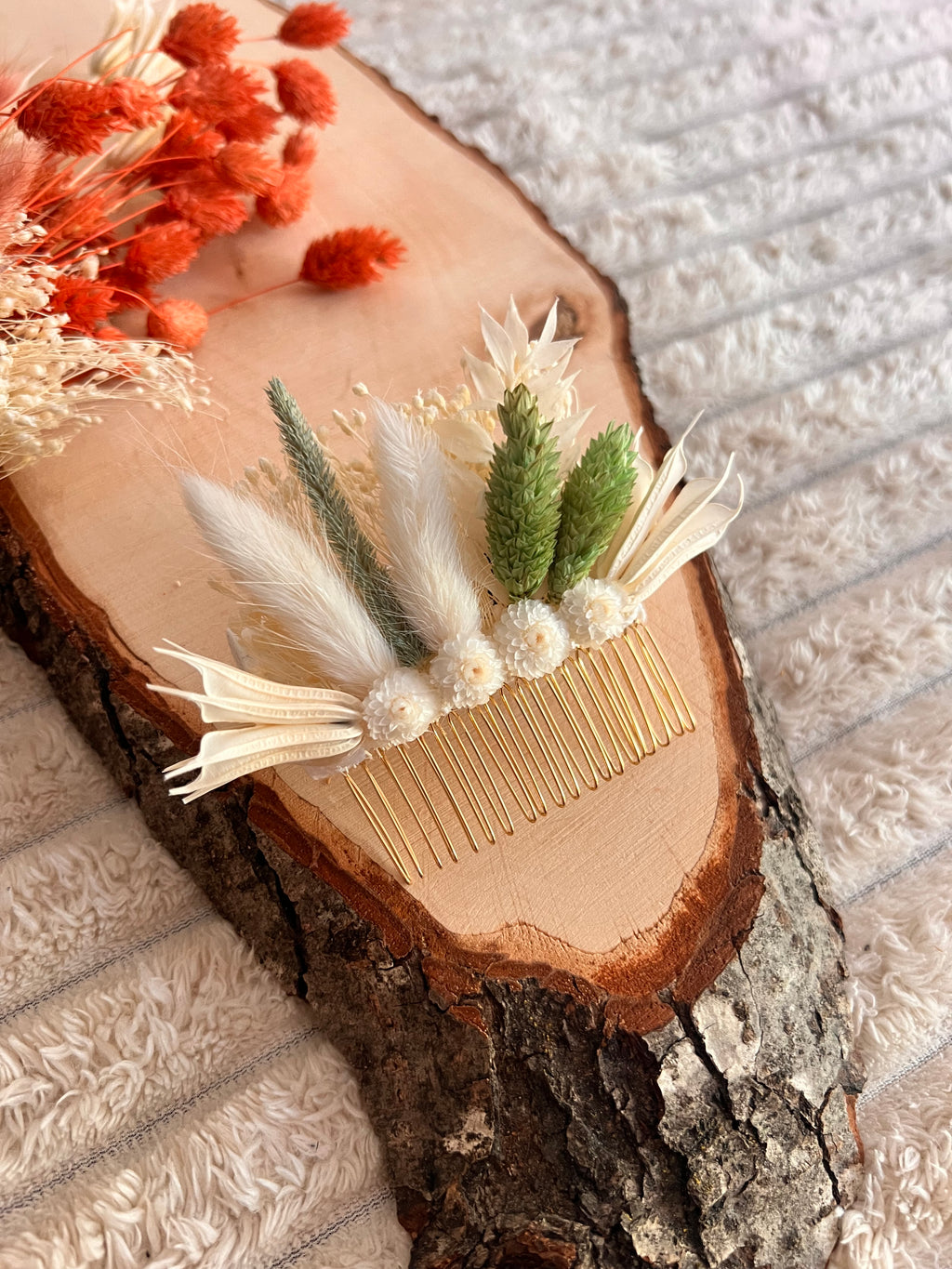 Peigne de Cérémonie en Fleurs Séchées | Blanc et Vert Sauge | Femme