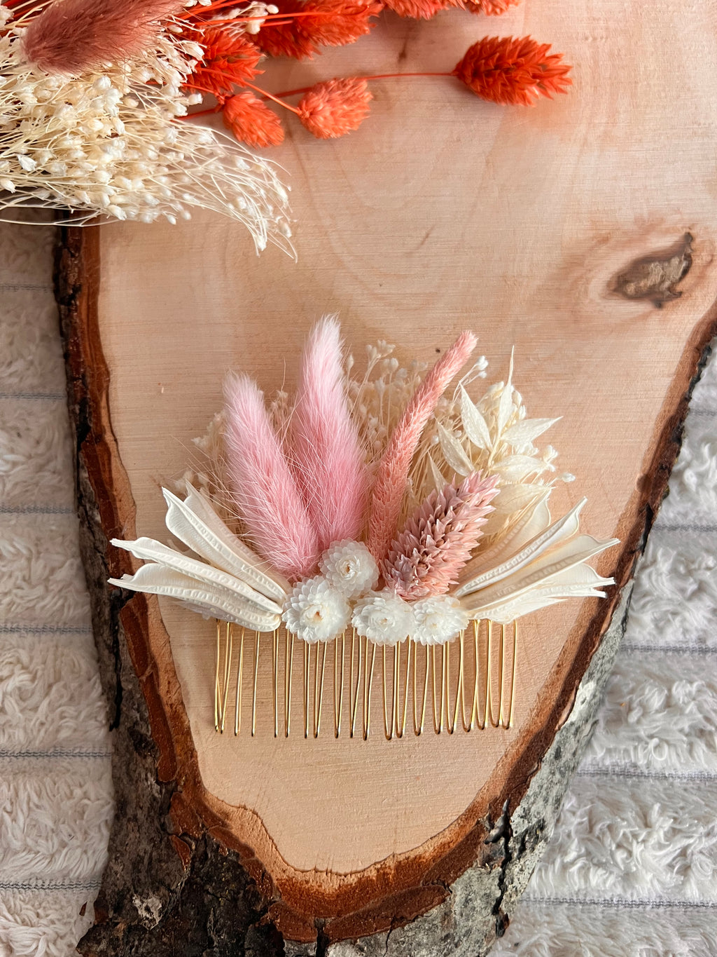 Peigne de Cérémonie en Fleurs Séchées | Rose Poudré et Blanc Ivoire | Femme