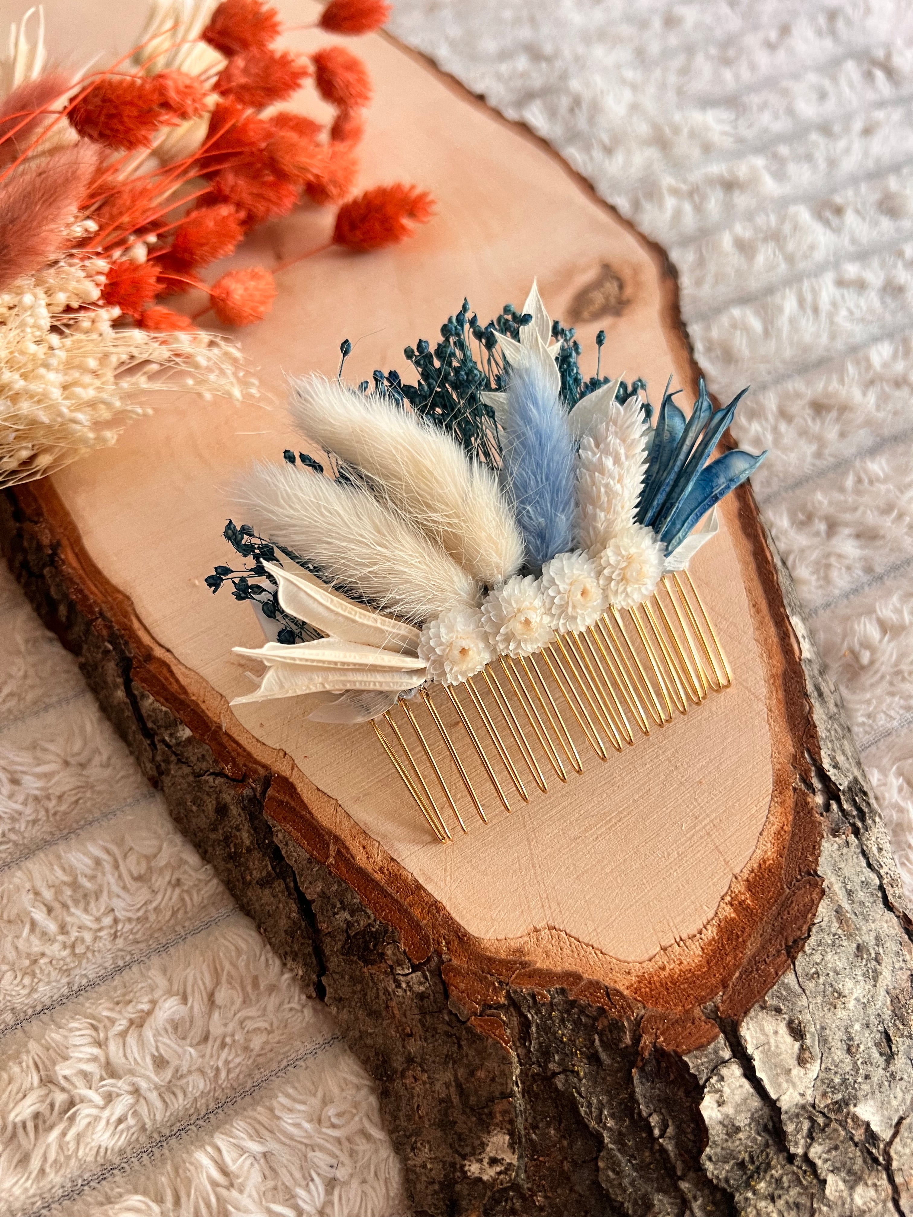 Peigne de Cérémonie en Fleurs Séchées | Bleu et Blanc | Femme
