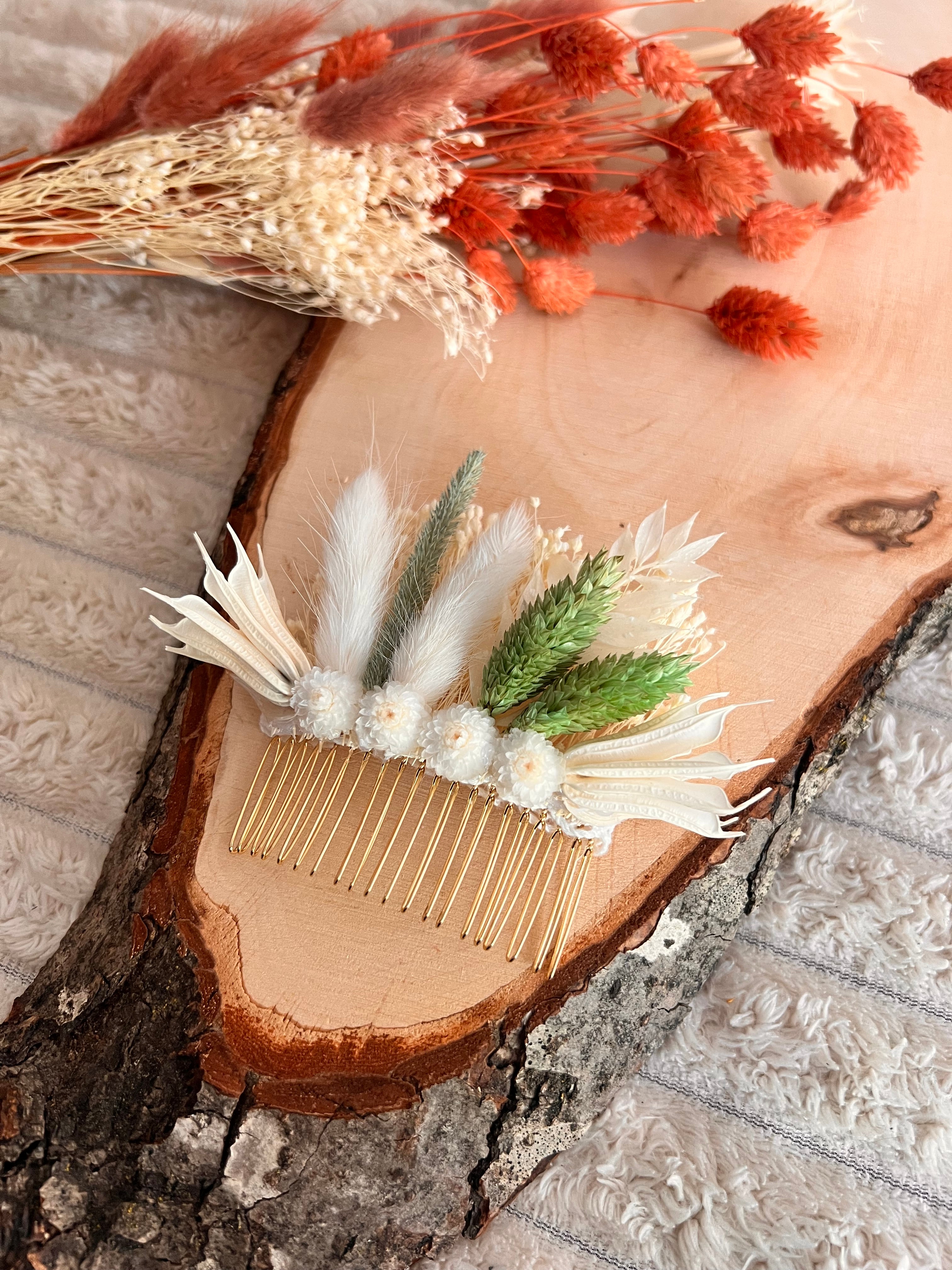 Peigne de Cérémonie en Fleurs Séchées | Blanc et Vert Sauge | Femme