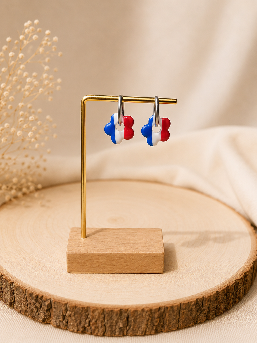 Créoles Tricolore – Boucles d’oreilles artisanales en pâte polymère | Bleu, blanc & rouge