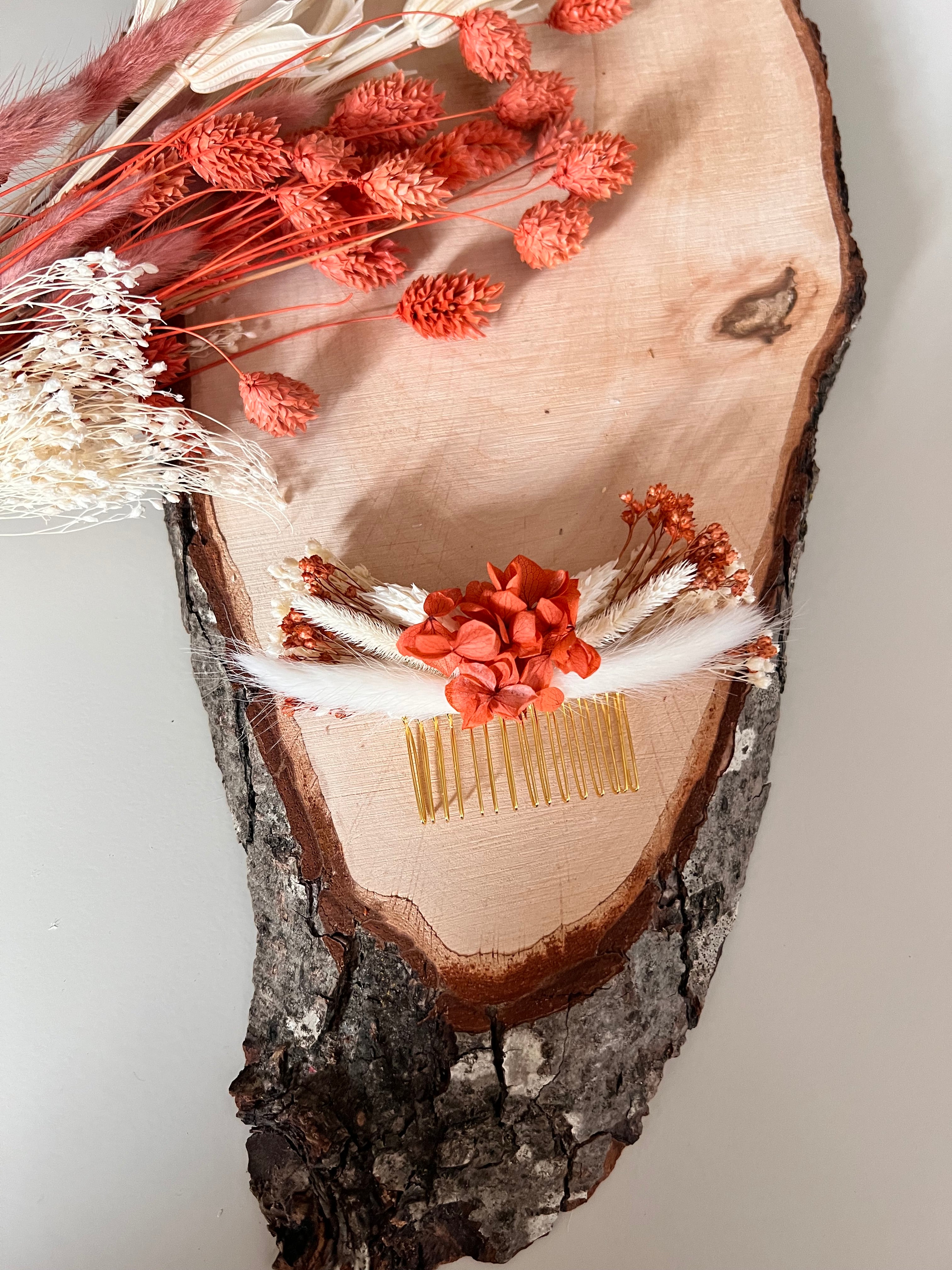 🌸 Peigne de cérémonie Fleurs séchées – Terracotta et blanc 🌸