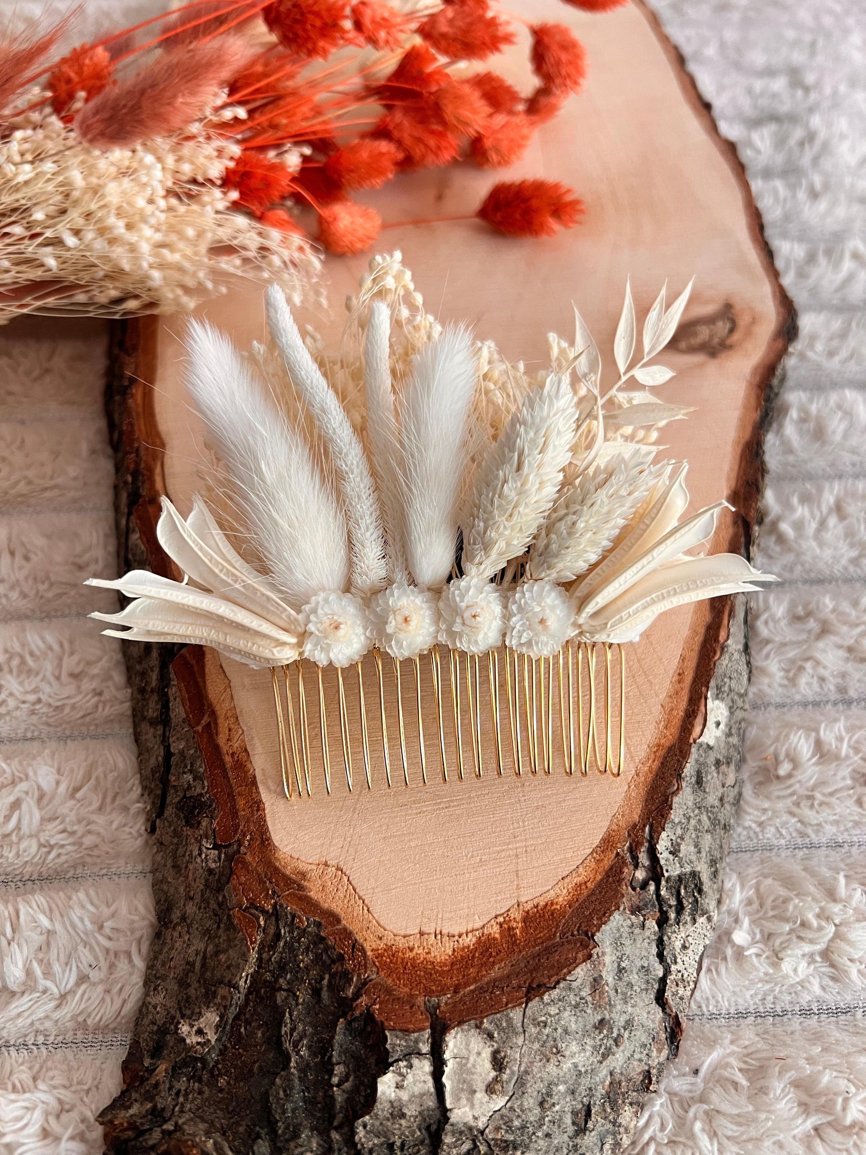 Peigne de Cérémonie en Fleurs Séchées | Blanc Ivoire | Femme