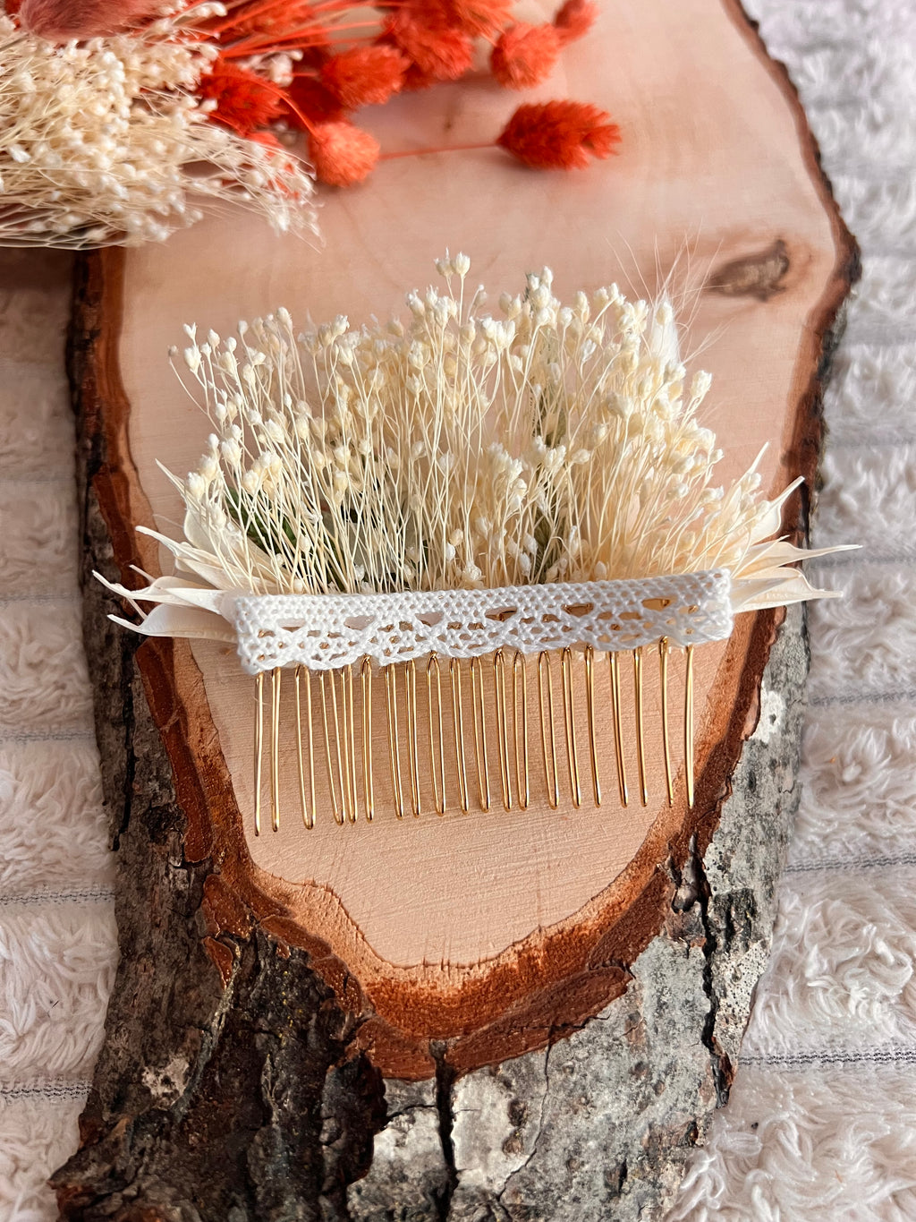 Peigne de Cérémonie en Fleurs Séchées | Blanc et Vert Sauge | Femme