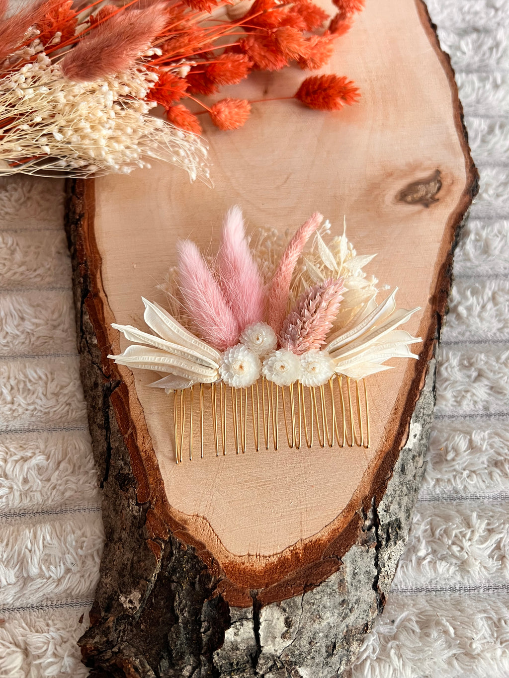 Peigne de Cérémonie en Fleurs Séchées | Rose Poudré et Blanc Ivoire | Femme