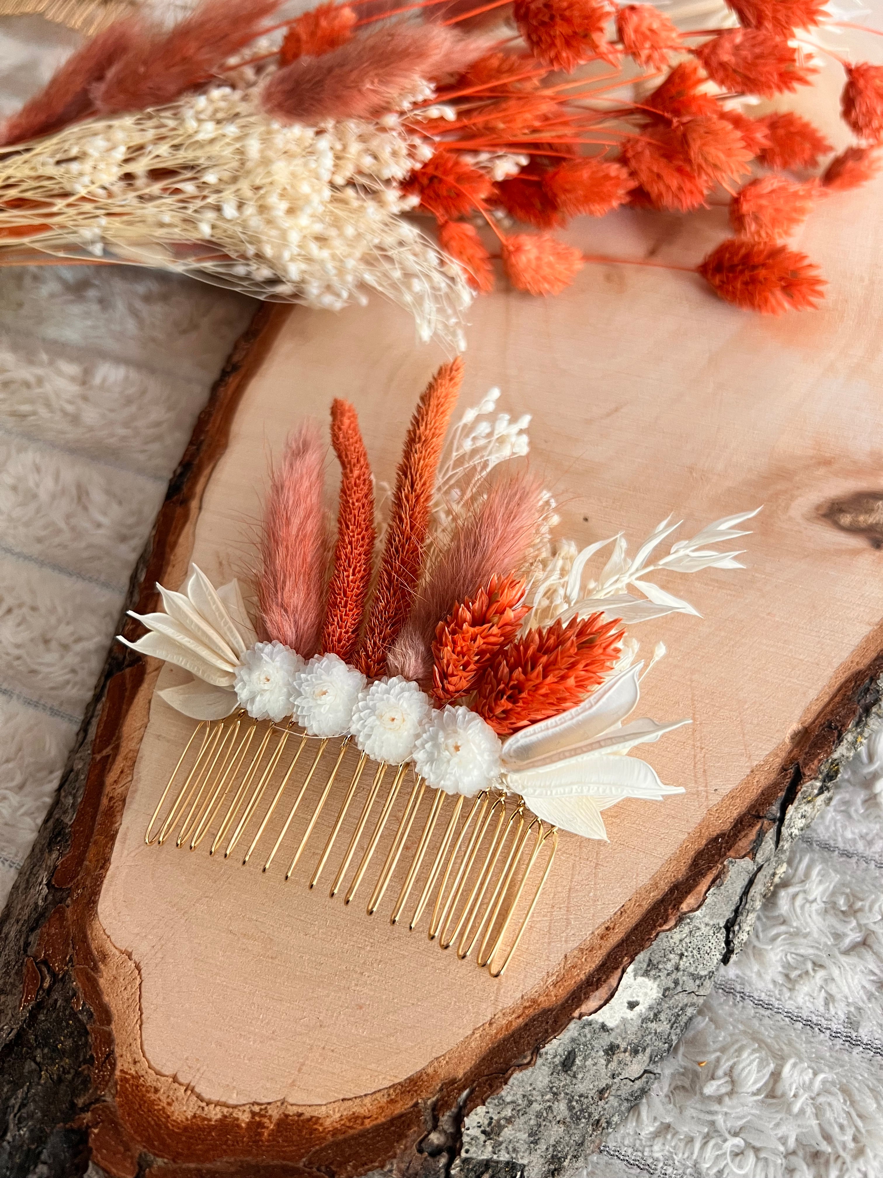 Peigne de Cérémonie en Fleurs Séchées | Terracotta et Blanc | Femme