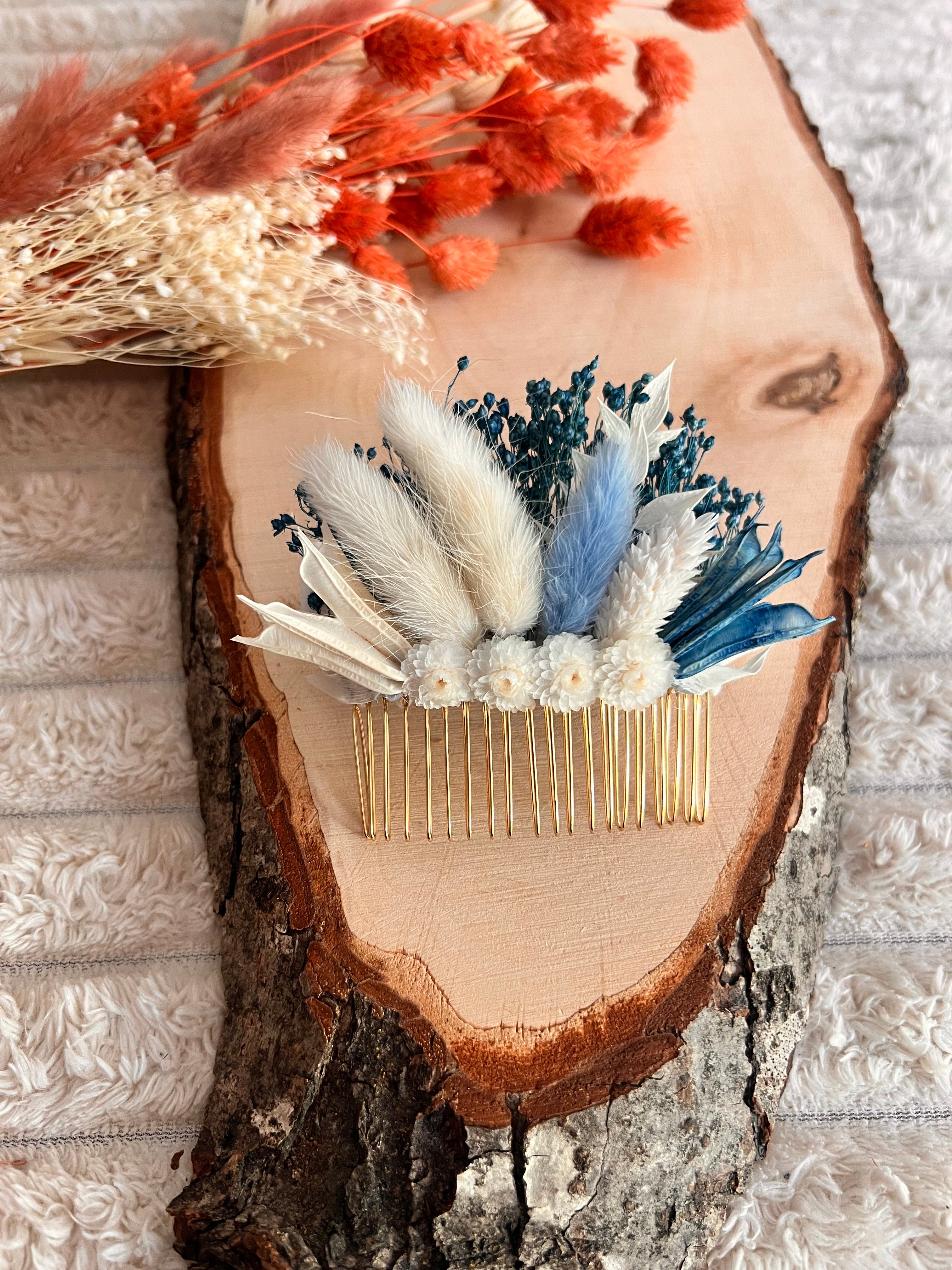 Peigne de Cérémonie en Fleurs Séchées | Bleu et Blanc | Femme