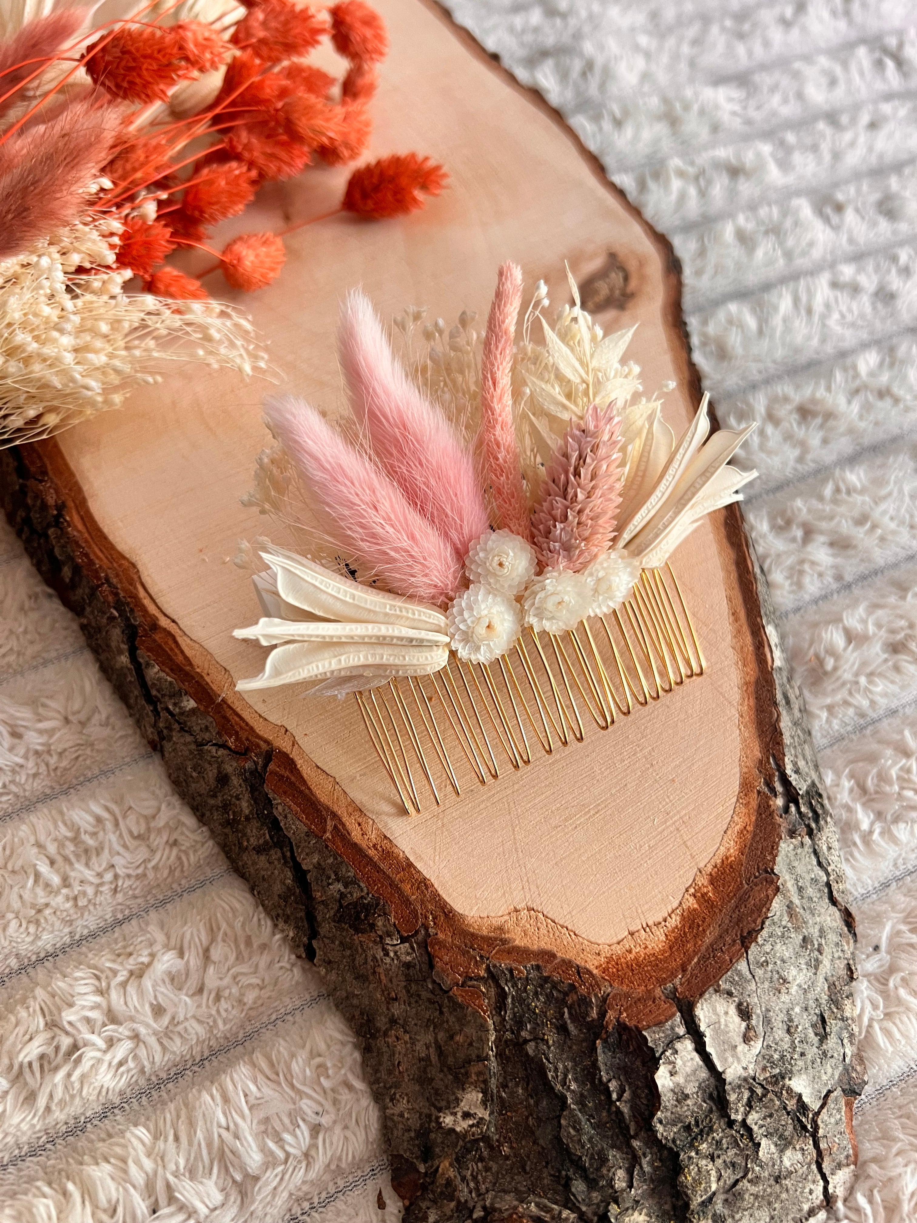 Peigne de Cérémonie en Fleurs Séchées | Rose Poudré et Blanc Ivoire | Femme