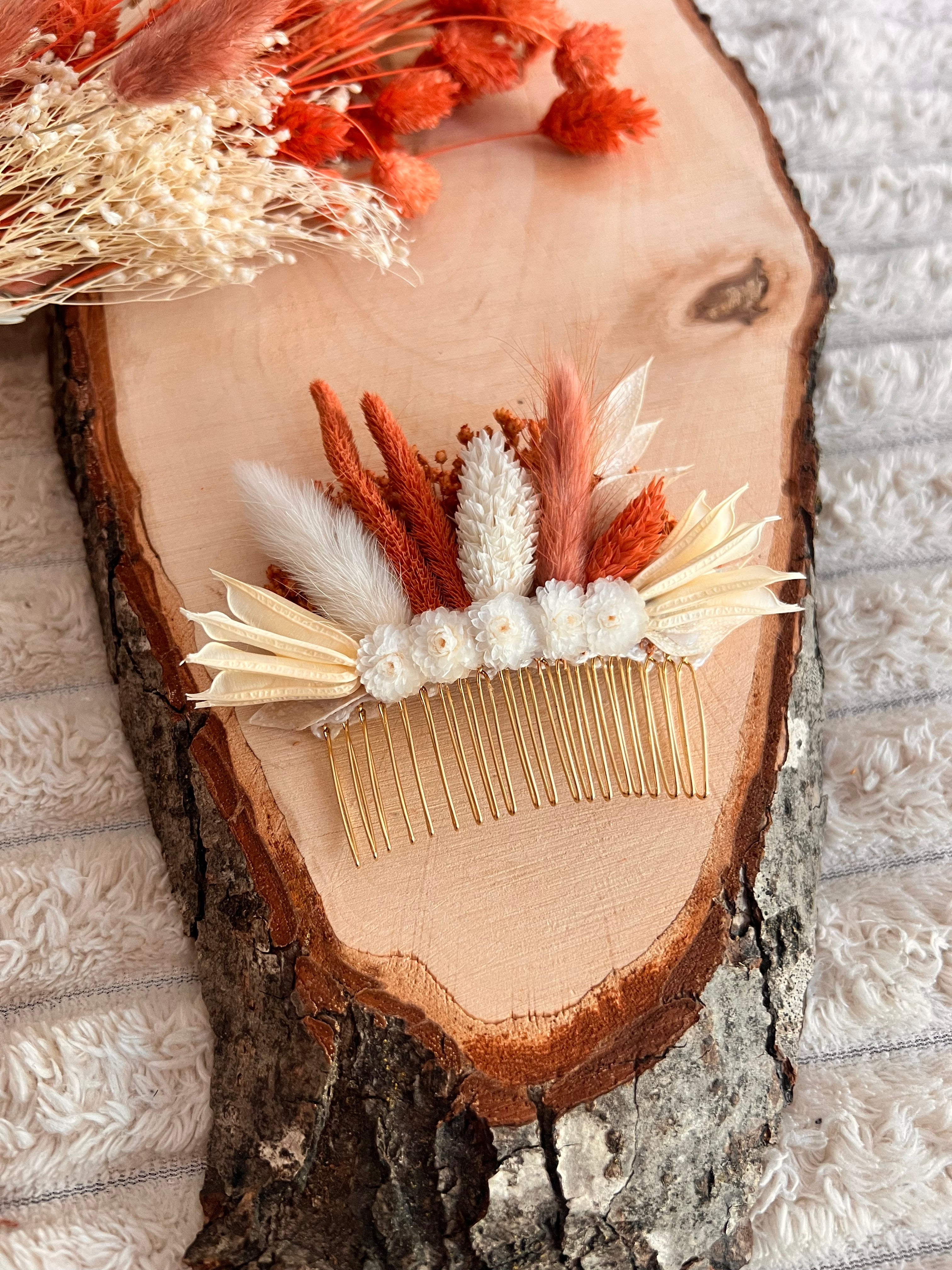 Peigne de cérémonie en Fleurs séchées | Terracotta, Orange et Blanc | Femme