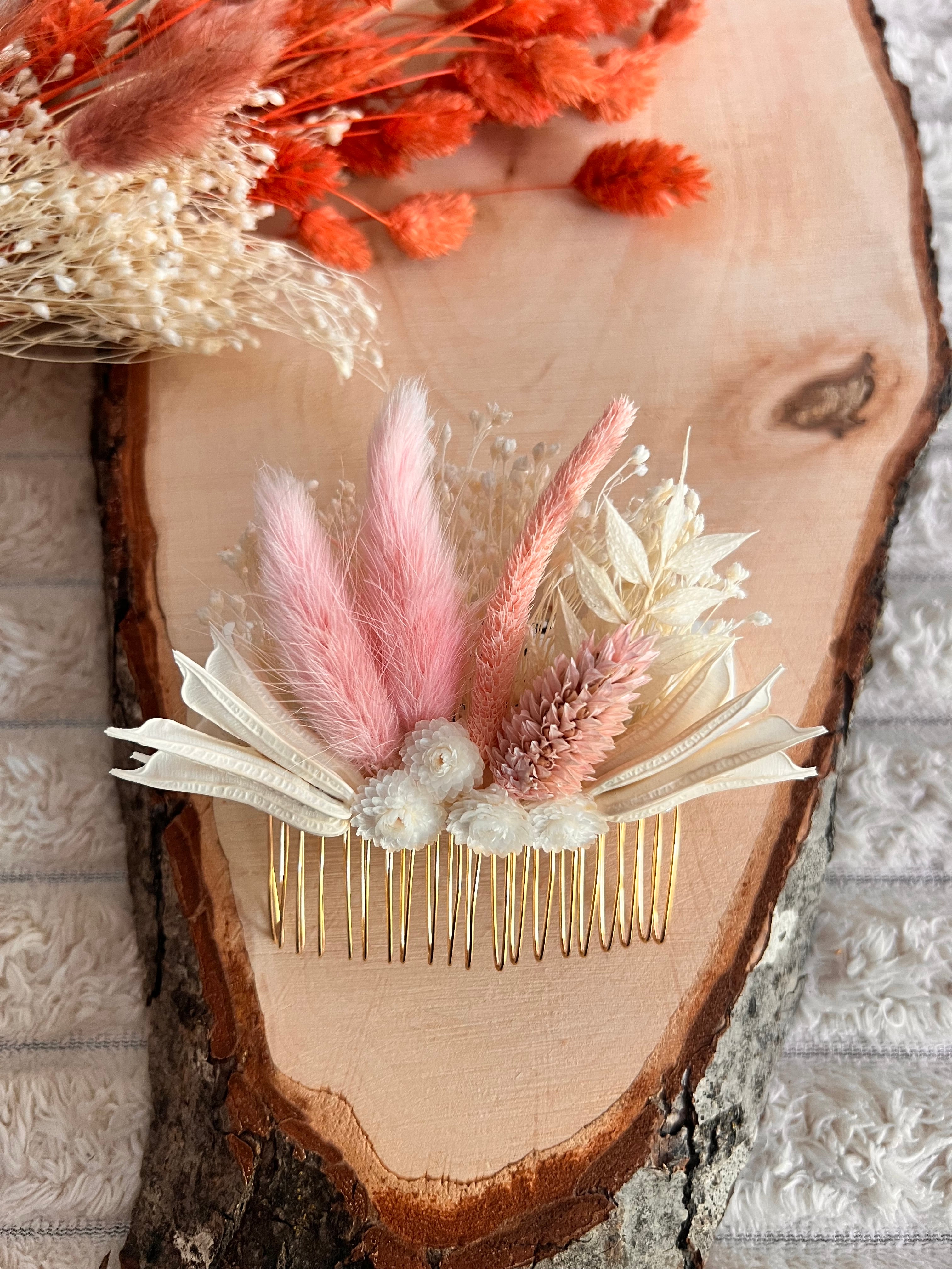 Peigne de Cérémonie en Fleurs Séchées | Rose Poudré et Blanc Ivoire | Femme
