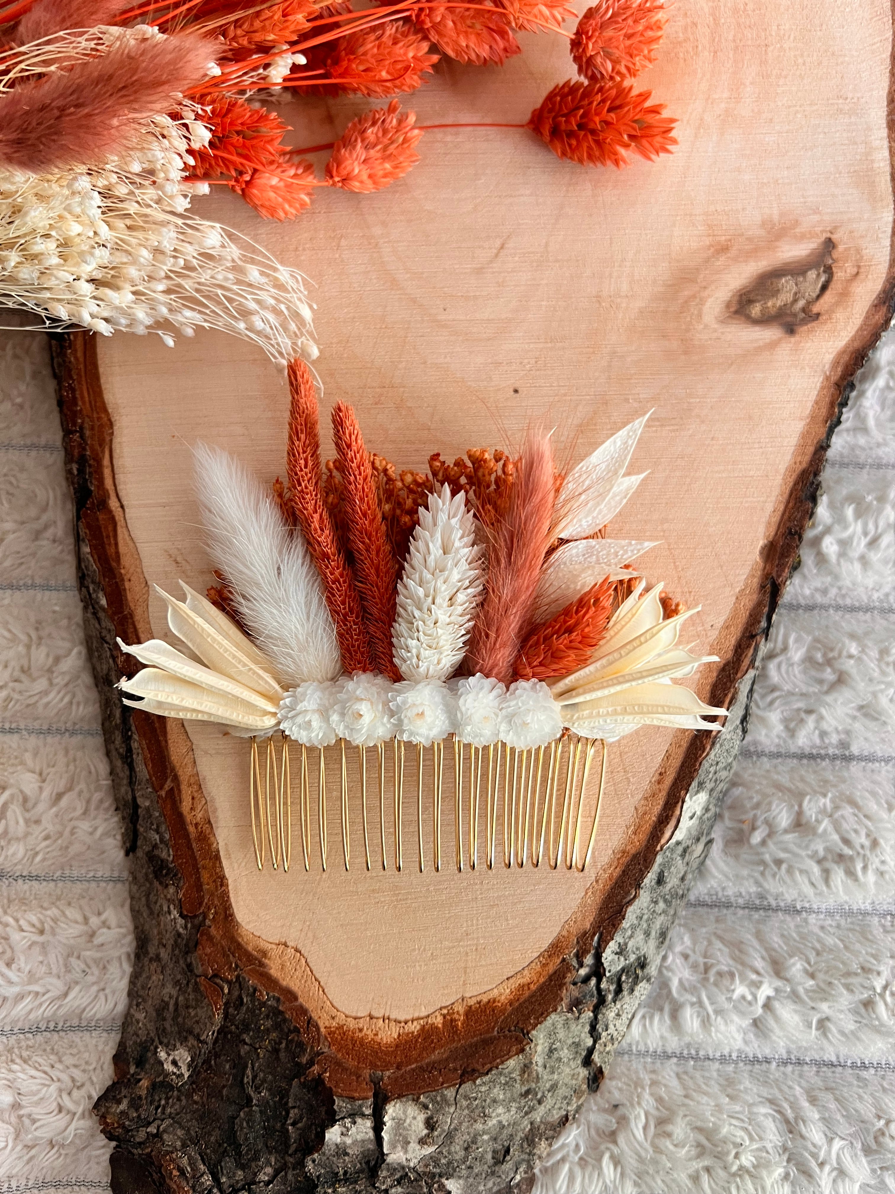 Peigne de cérémonie en Fleurs séchées | Terracotta, Orange et Blanc | Femme