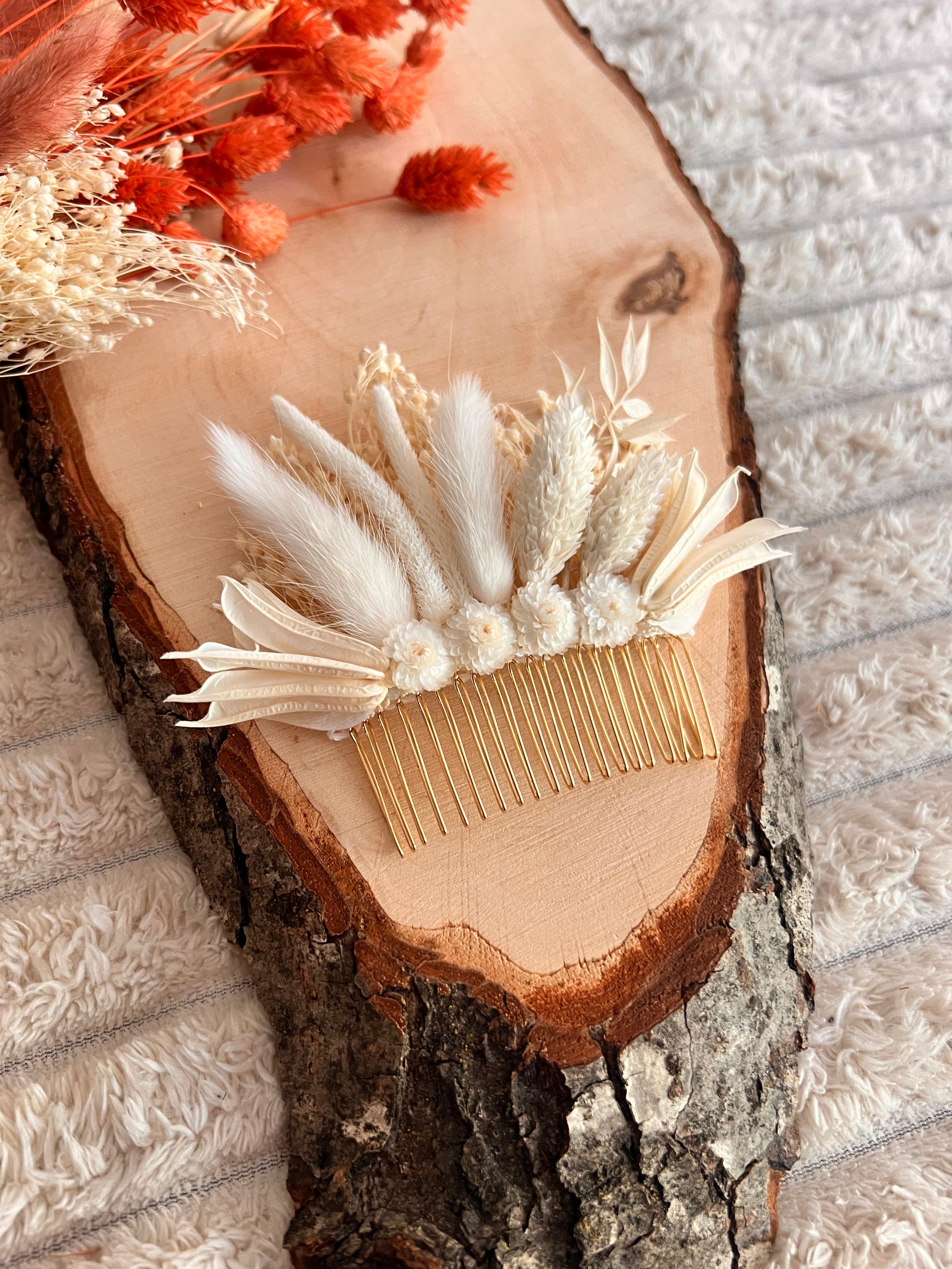 Peigne de Cérémonie en Fleurs Séchées | Blanc Ivoire | Femme
