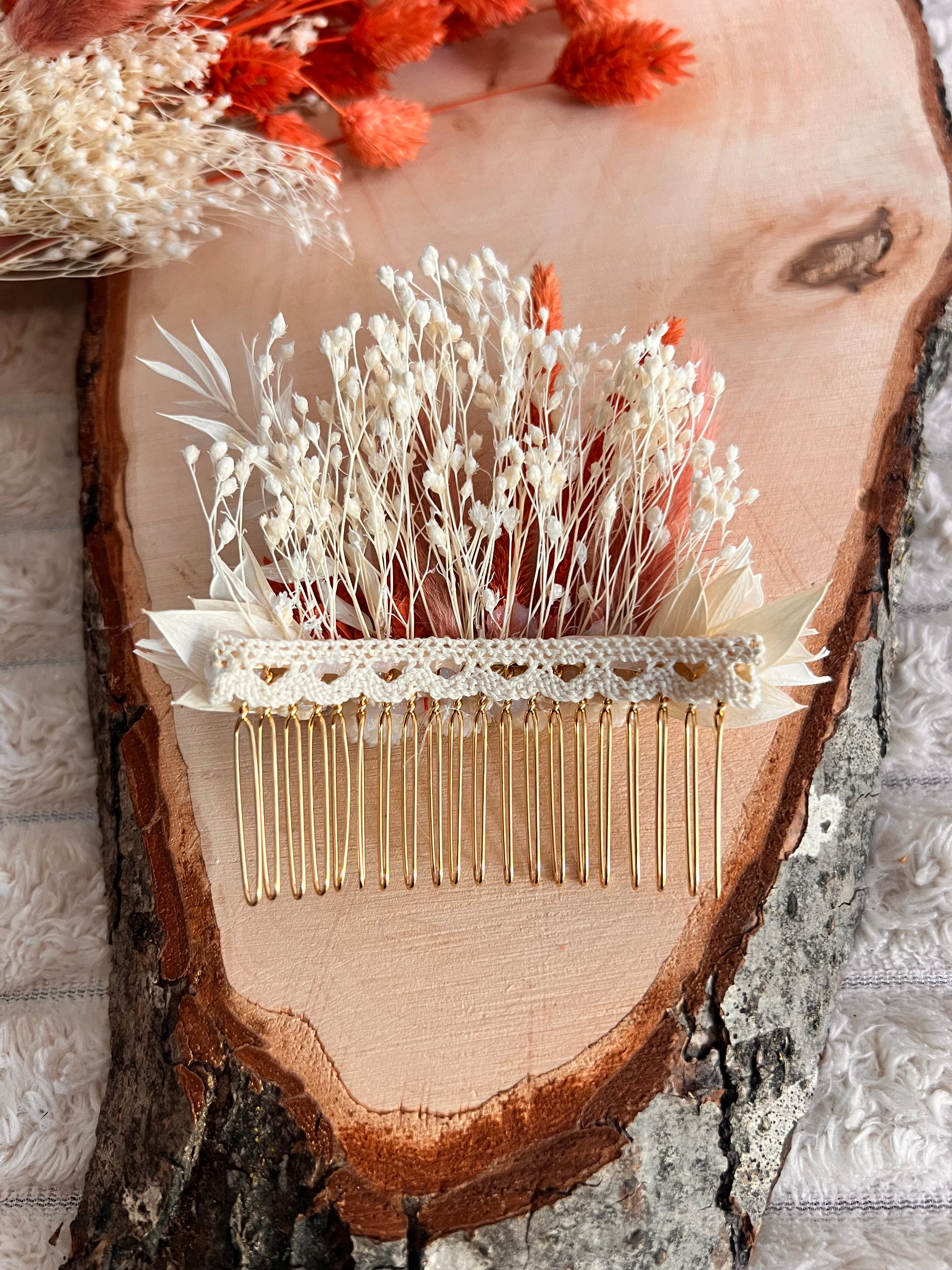 Peigne de Cérémonie en Fleurs Séchées | Terracotta et Blanc | Femme