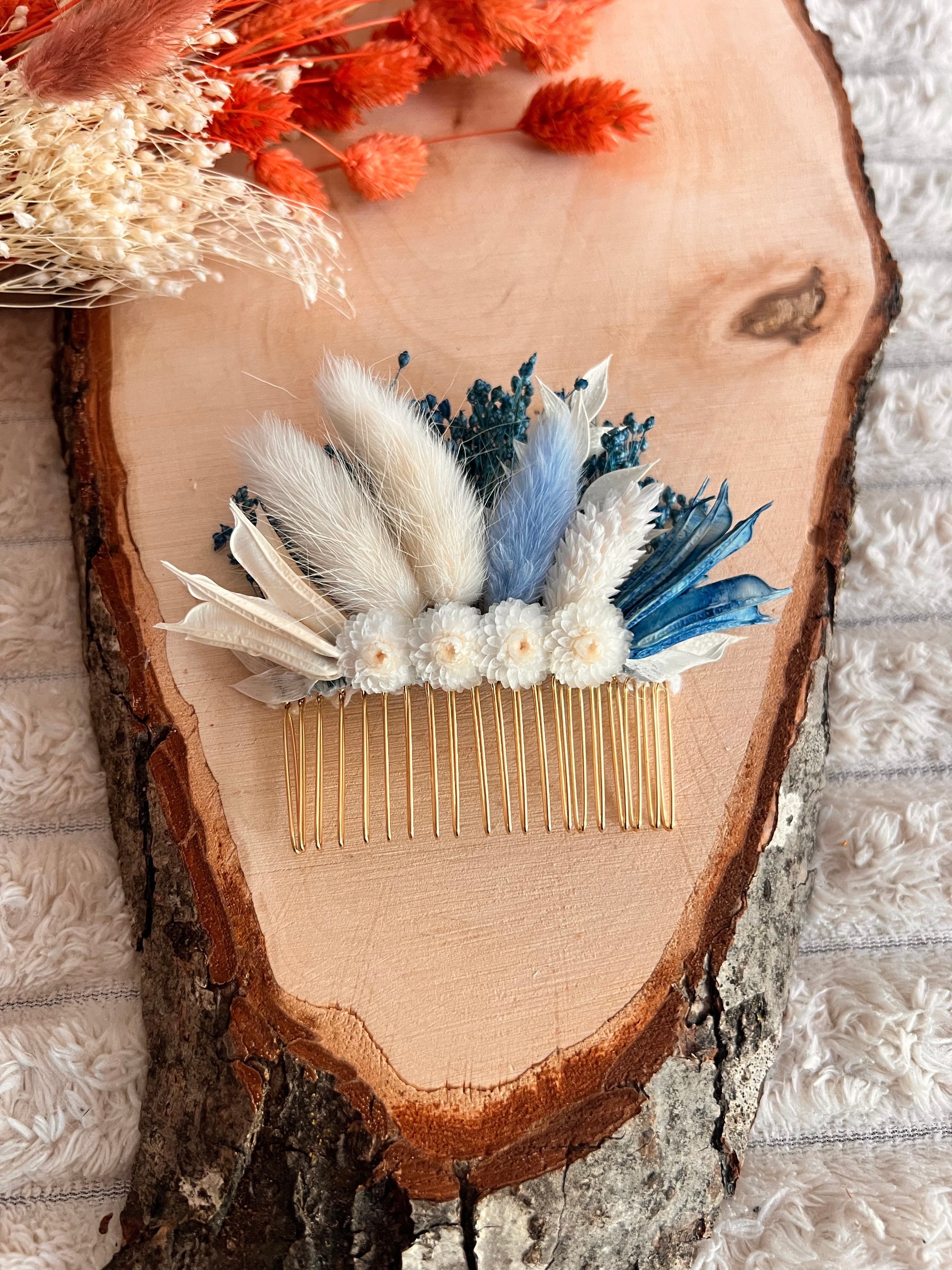Peigne de Cérémonie en Fleurs Séchées | Bleu et Blanc | Femme