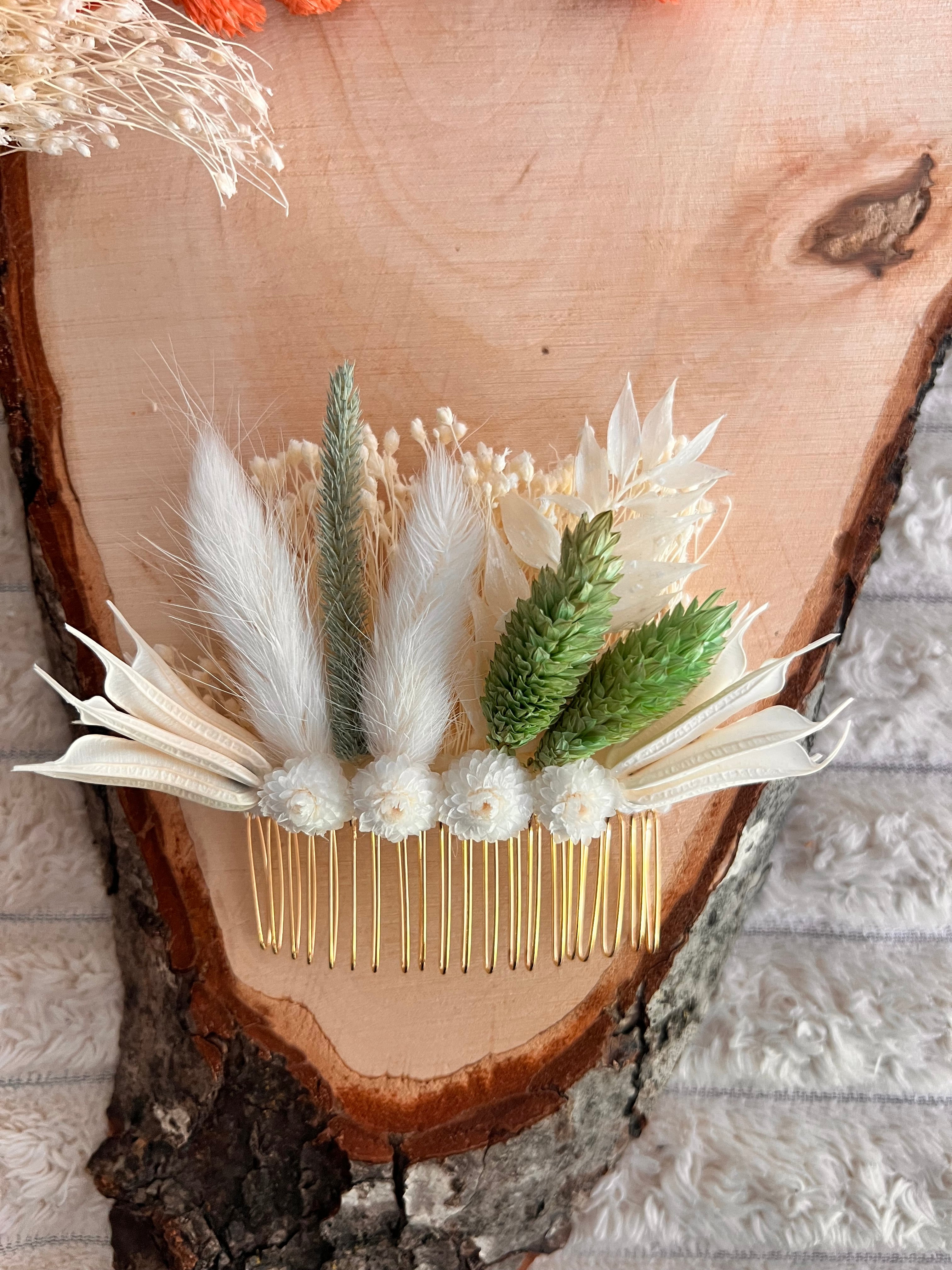 Peigne de Cérémonie en Fleurs Séchées | Blanc et Vert Sauge | Femme