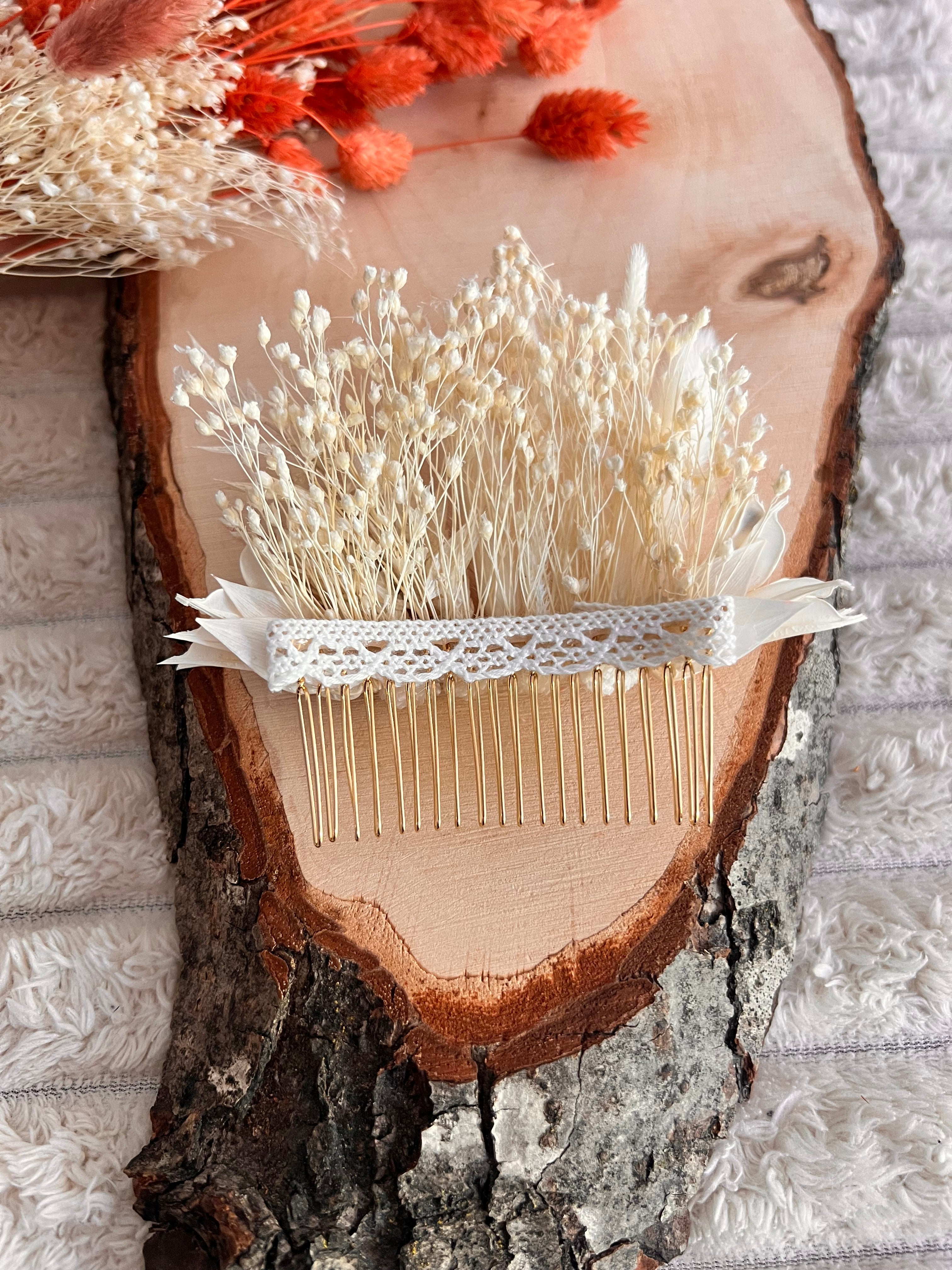 Peigne de Cérémonie en Fleurs Séchées | Blanc Ivoire | Femme