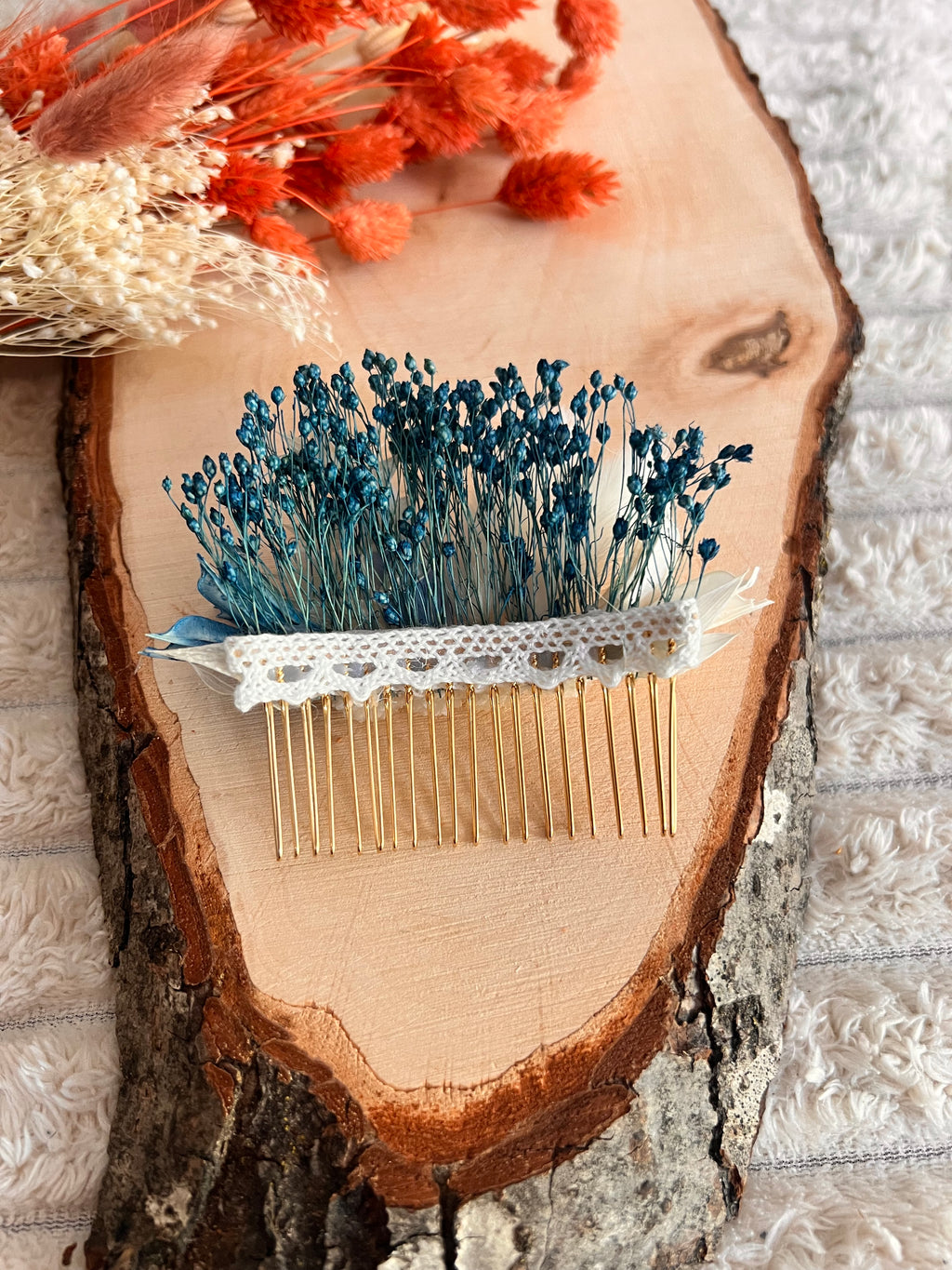 Peigne de Cérémonie en Fleurs Séchées | Bleu et Blanc | Femme