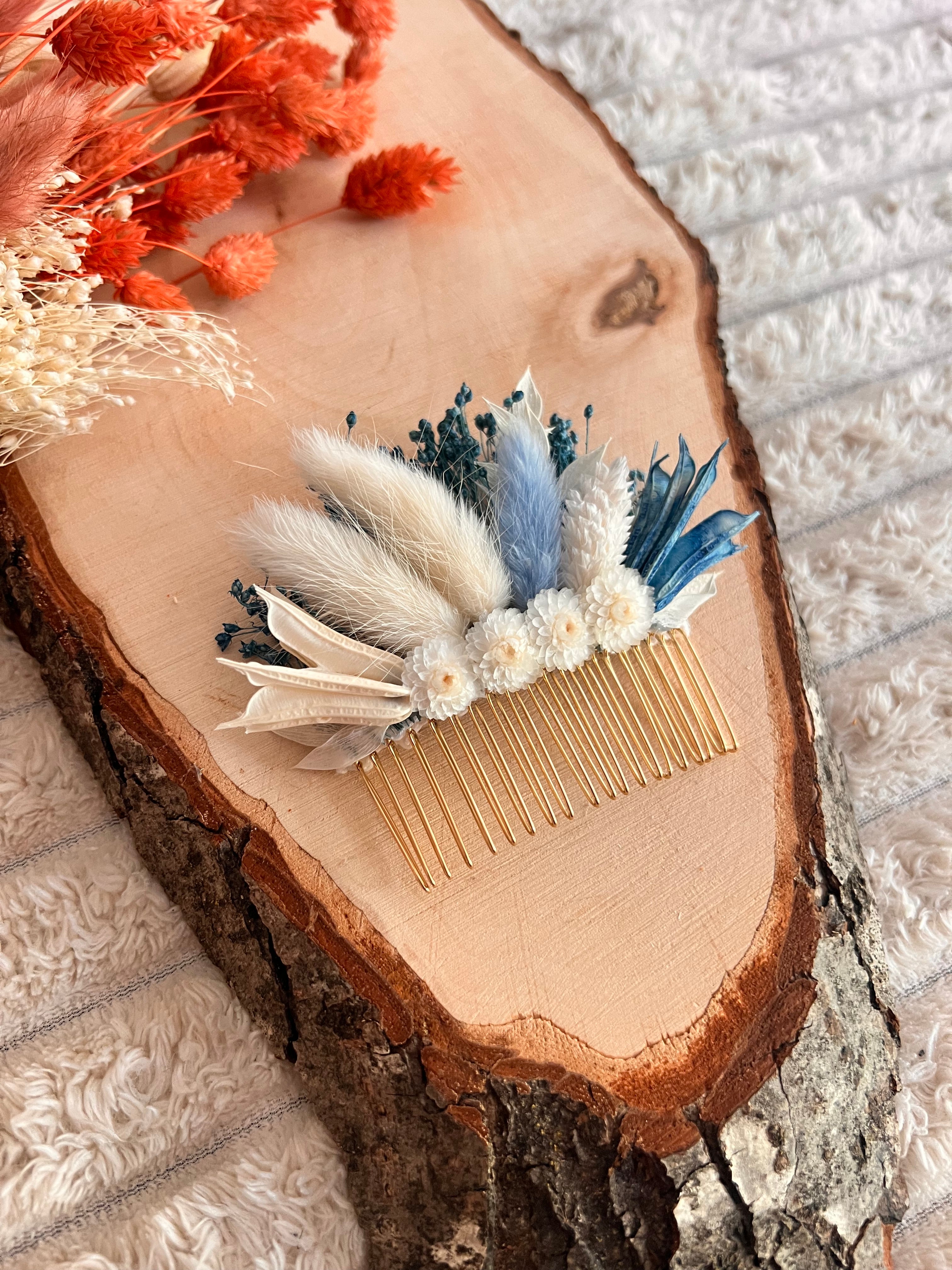 Peigne de Cérémonie en Fleurs Séchées | Bleu et Blanc | Femme