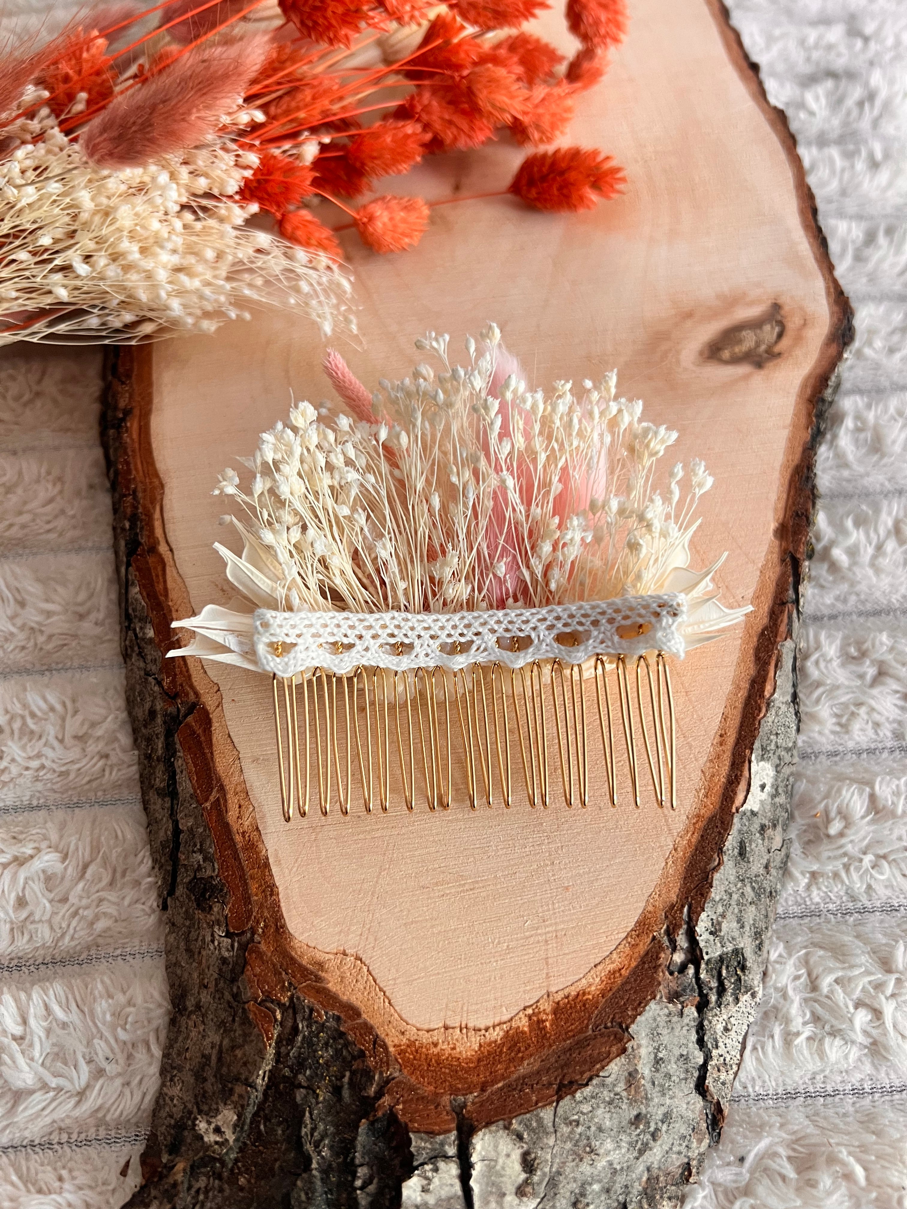 Peigne de Cérémonie en Fleurs Séchées | Rose Poudré et Blanc Ivoire | Femme