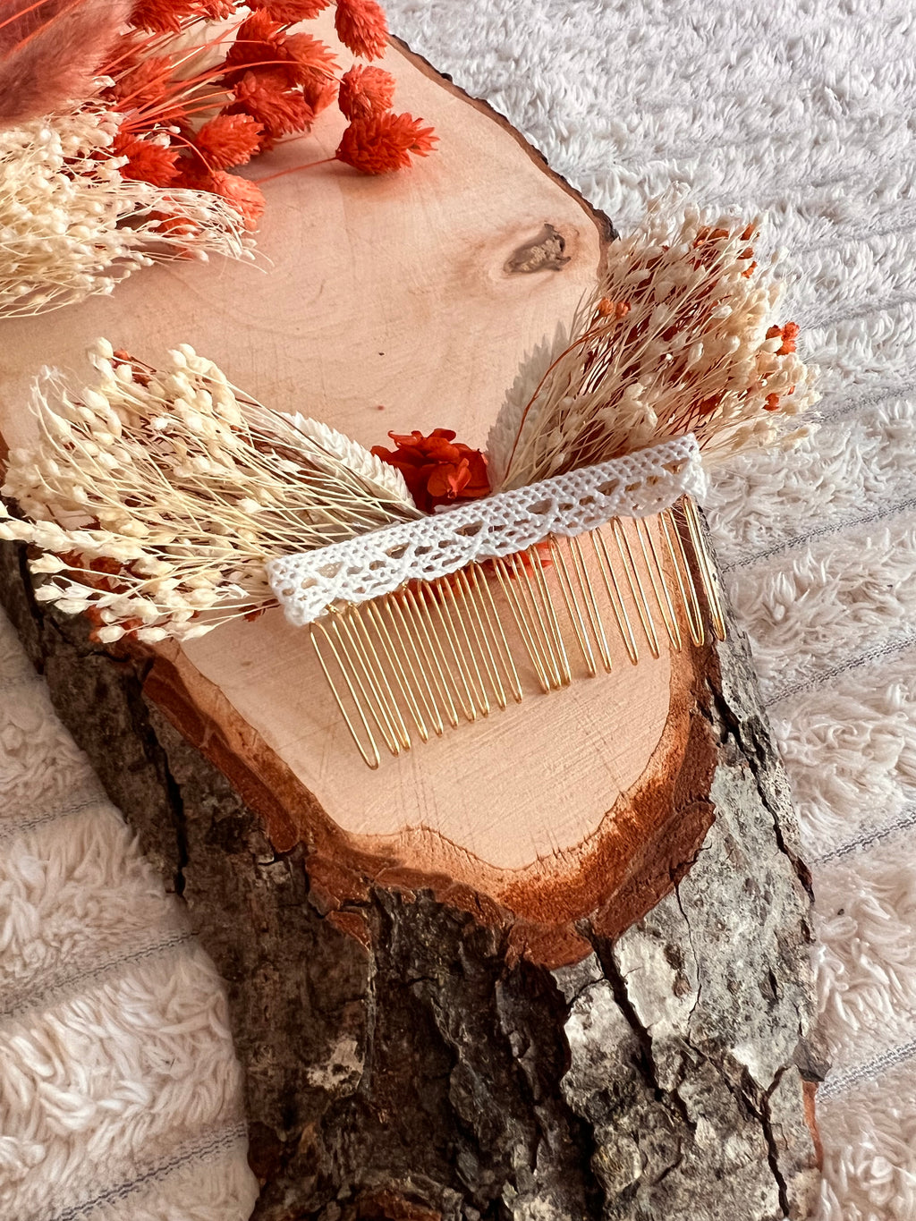 🌸 Peigne de cérémonie Fleurs séchées – Terracotta et blanc 🌸